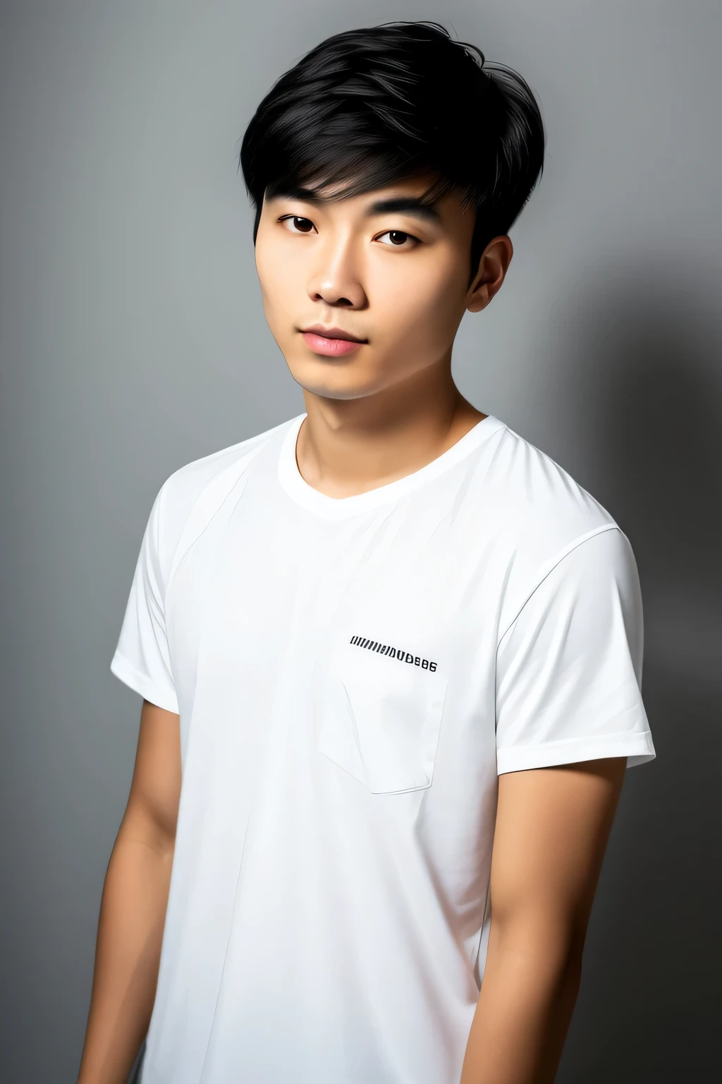 RAW photo in high resolution 4k, an image of a slim young Asian man with short black hair and elegant features, wearing casual attire and looking directly at the camera with piercing eyes and an expression of burning confidence. As suaves tonalidades cinza apresentam sombras profundas e ricas, creating a classic portrait, tempos e minimalista, with perfect exposure and equally illuminated face. Esta fotografia profissional em preto e branco 8k apresenta intr