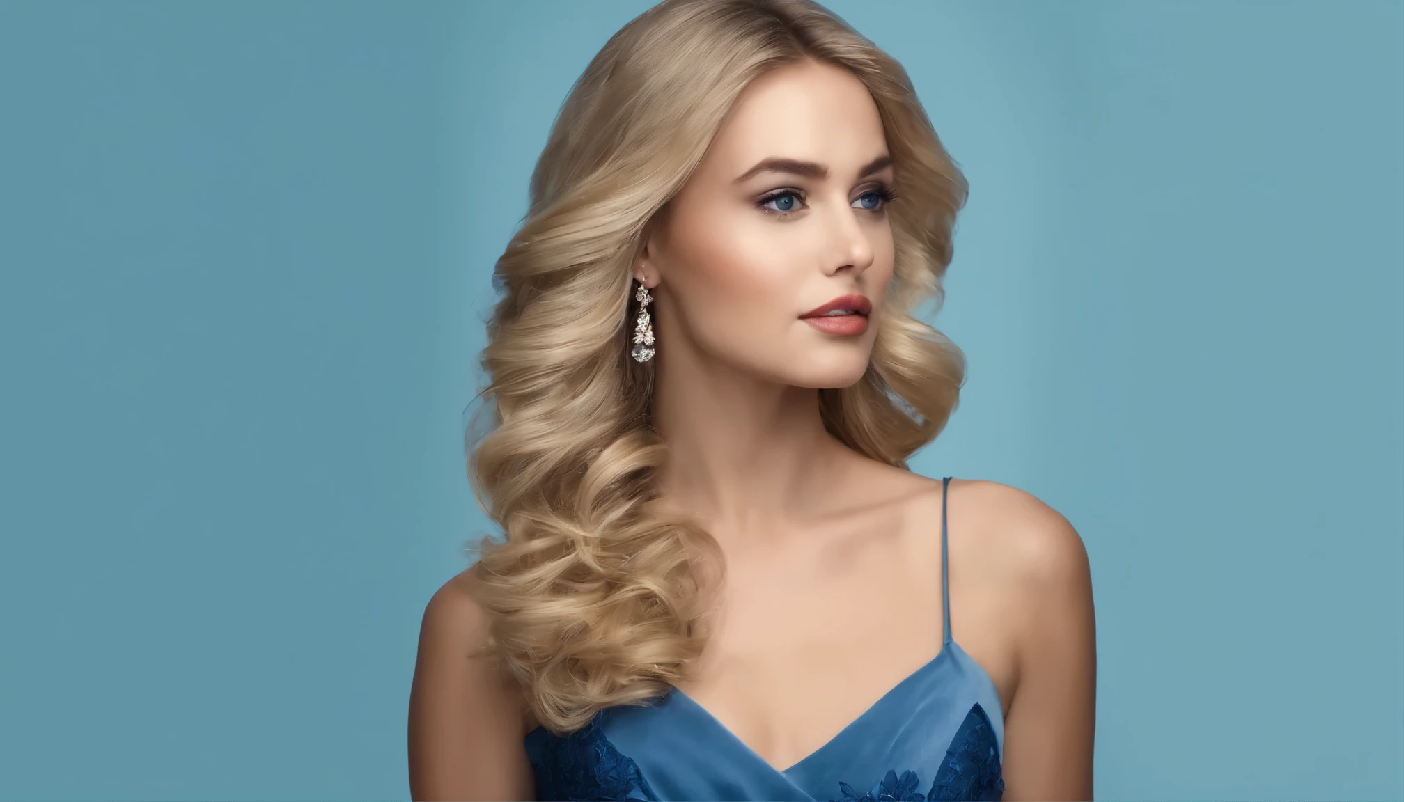 girl in dress blonde hair horizontal position blue background studio