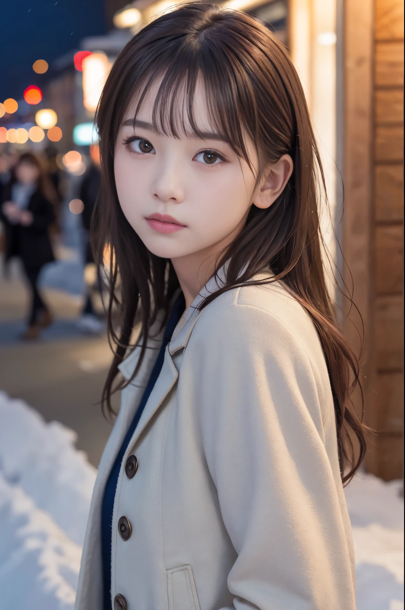 (8K, RAW photo, highest quality, masterpiece:1.3), (realistic, photo-realistic:1.4), (extremely detailed 8K wallpaper), sharp focus, Depth of bounds written,
japanese idol,Super cute,10 years old ,(coat: 1.3),(long hair and straight hair :1.3 ), (Upper body:1.3), highly detailed face and eyes,(shiny skin:1.2),cinematic lighting, soft light, blur background, Bokeh , (model pose :1.3), Urban winter night scene, streets lined with snow, warm lights from shop windows, people in heavy coats walking, snowflakes gently falling, a cozy and bustling atmosphere