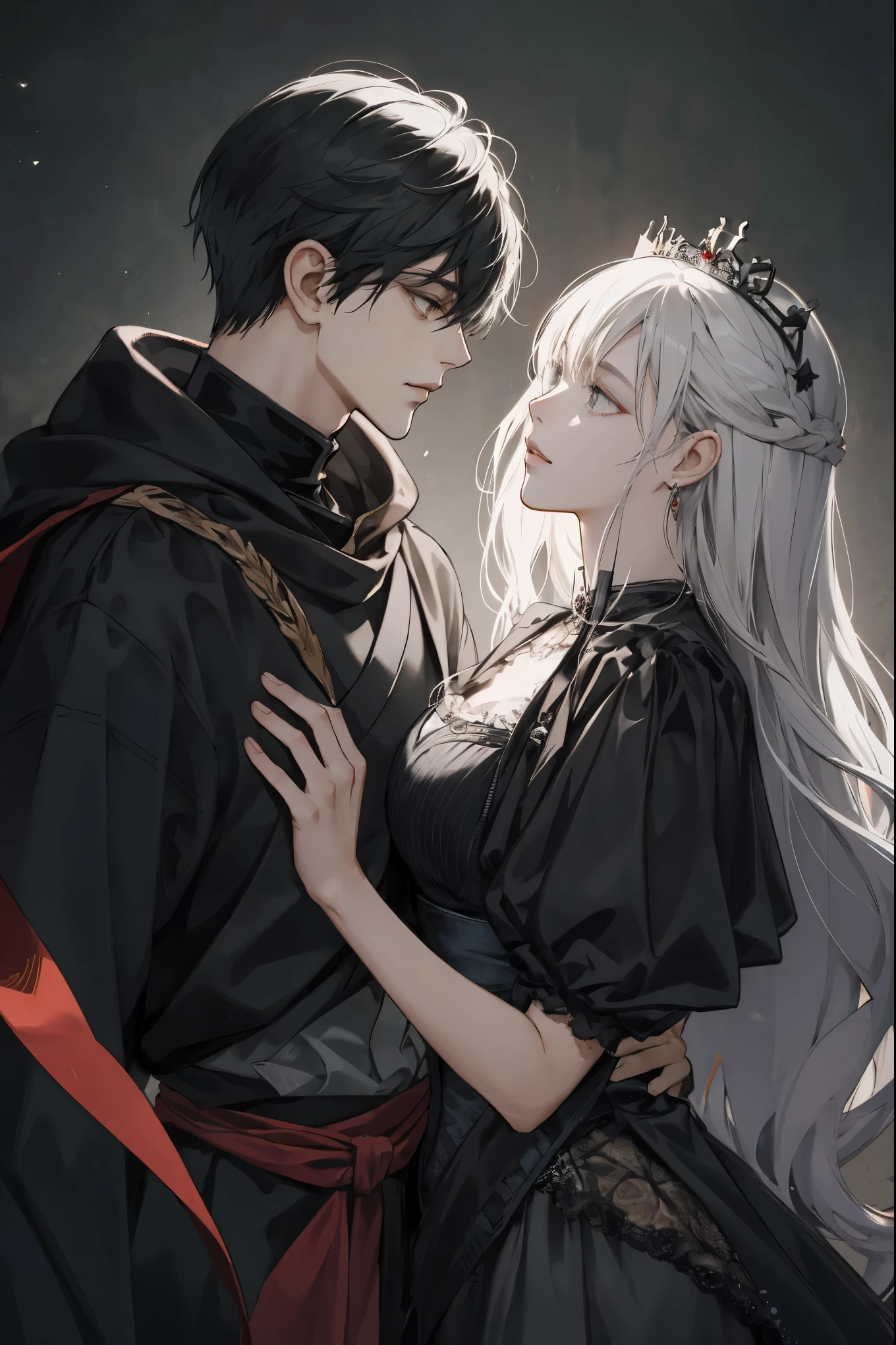 Ninja couple, king and queen, gothic crown and tiaras, side by side, Grey and black, dark romantism, raw concept art, masterpiece illustration
