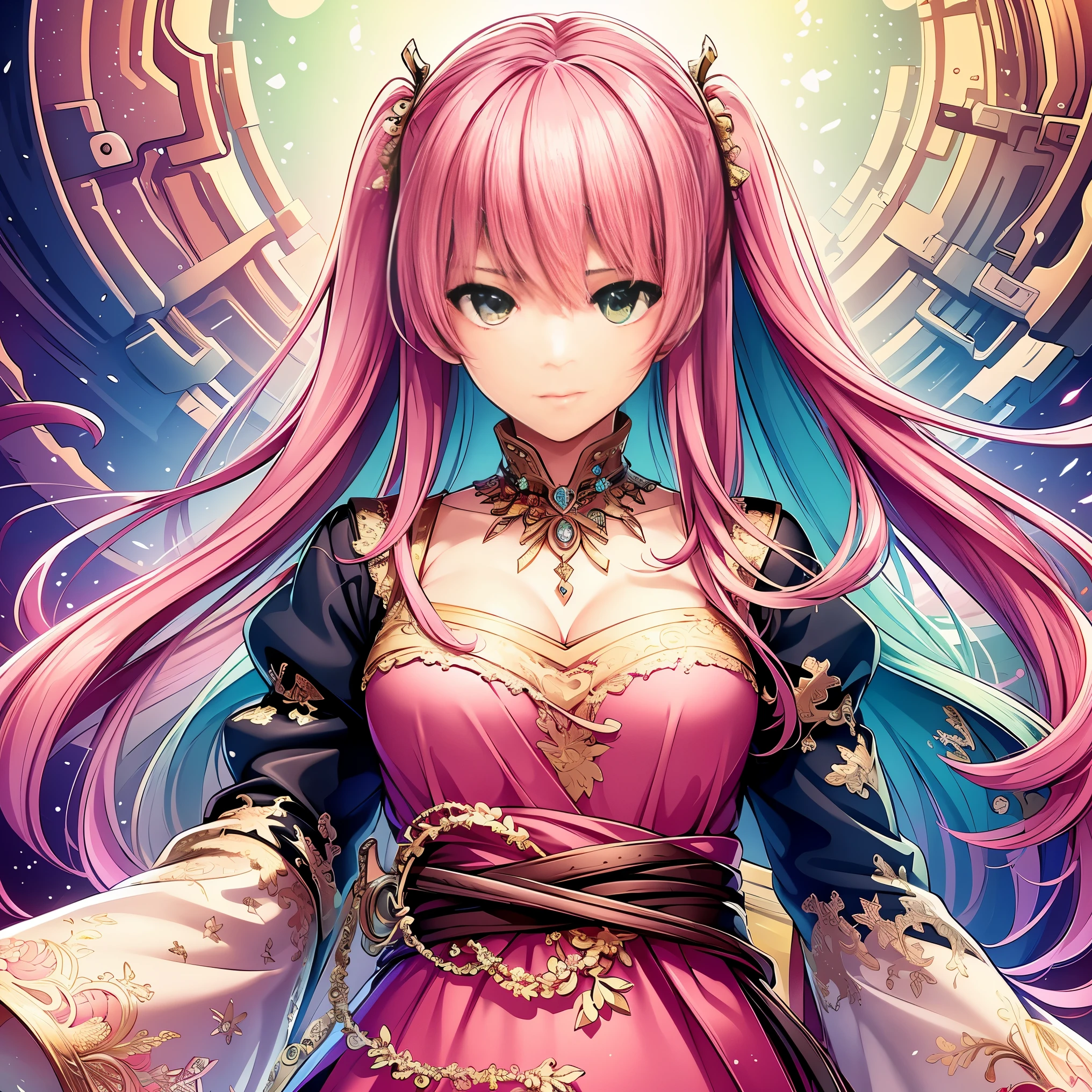 (masterpiece, highest quality, highest quality, official art, beautiful and aesthetic:1.2), (1 girl), very detailed,(fractal art:1.3),colorful,most detailed, green eyes, pink hair