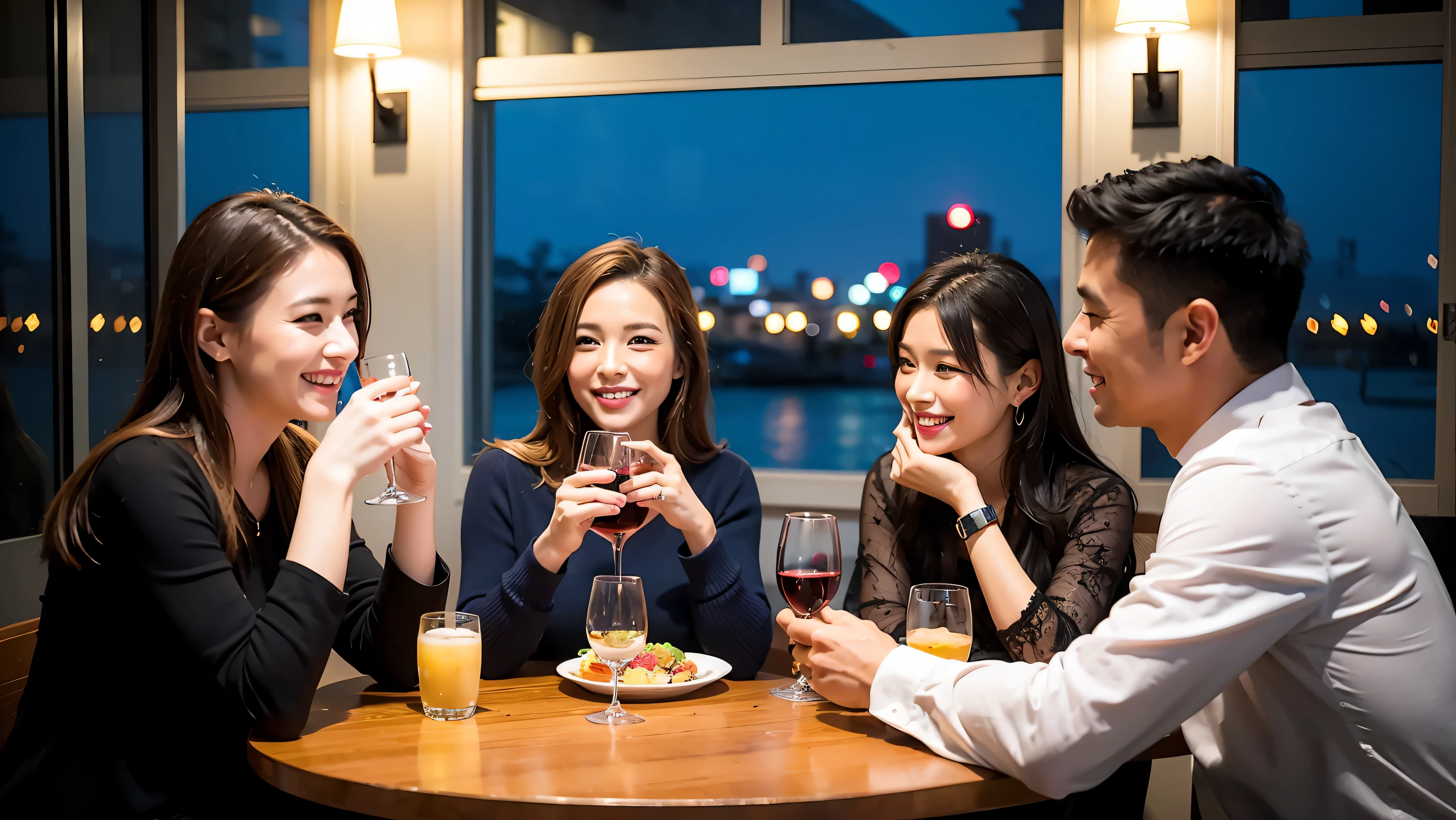 64k, UHD, highest quality, masterpiece: 1.2), (realistic, photorealistic: 1.37),やわらかなsmile、gentle expression、 Super detailed, celebration party、beauty、charm、beautiful mature woman、3 women who love wine、three men、Tokyo、Yokohama、Paris、London、venice、Rome、Champagne、sparkling wine、winter night、restaurantでワイン宴会、(slimな男女4名),(Wine party for 5 people)、(slimフェイス),Happy、 最高なsmile、Fox Face、Berry Short、(because I&#39;thin), (brown hair), (shortcut), long sleeve shirt、winter fashion、Columbia、Brazilian、Japanese、Dutch、German、Portuguese、Belgian、Italian、French, (Squirting), (slimボティ), (brown hair), (shortcut), 端正なbeauty、cheeks blush a little, (41 years old), 38 years old, 35 years old、32 years old、 A beautiful and detailed night view spreads out outside the window..........., restaurant, wine glassが座っている, At night, in a prominent place (from the Upper body) nova frog style, actress, model, Upper body, White wine, slim, wine glass, Very beautiful night view, wine glass Put in the Middle, Happy smile, (smile: 1.15), 