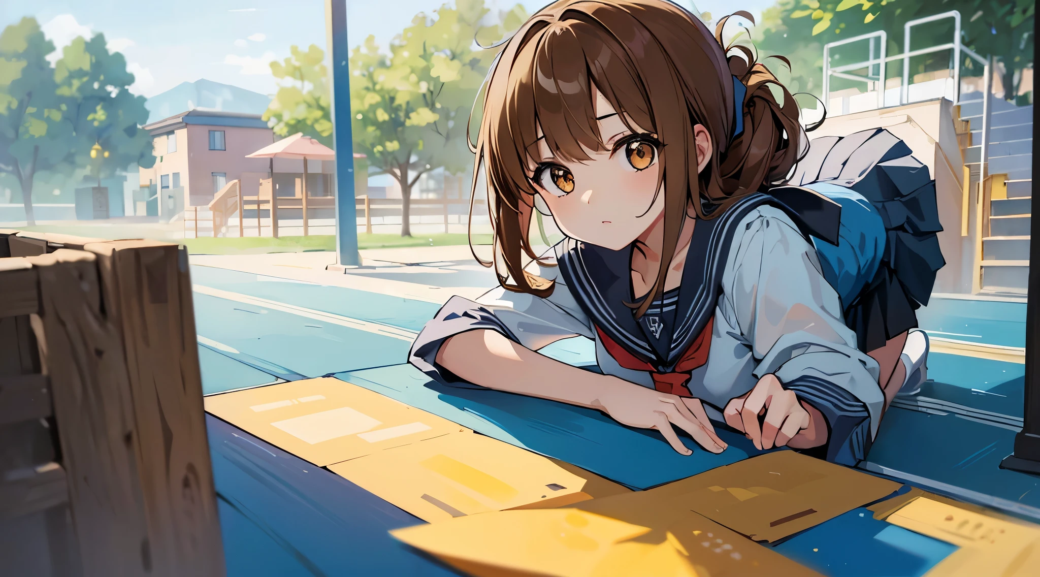 (masterpiece, best quality:1.2),illustration,8k,hd,1girl,solo,upper body,(portrait:1.2),brown_hair,folded_ponytail,brown_eyes,serafuku,long_hair,school_uniform,skirt,pleated_skirt,