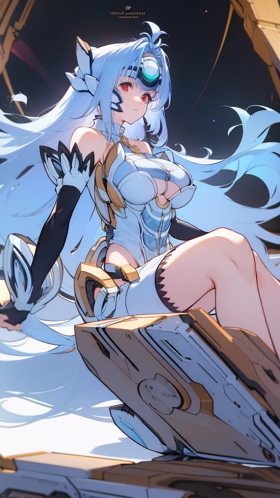 accurate hands、Precise feet、(Highly detailed CG Unity 8K wallpaper、very delicate and beautiful)、(perfect anatomy:1.2)、dynamic angle、full body portrait、1 girl、alone、armor、bare shoulders、naked cleavage、bare feet、earrings、amount_protector、gem、gloves、hair ornaments、hair band、Helmet、jewelry、neon trim、perfect for your skin、tiara、blue hair、eyelash、Floating hair、huge breasts、red eyes、flowing bangs、 very long hair、Expressionless、Mysterious cosmic background、sitting on the sheets、Fluffy silver hair, plump slender girl、looking at the viewer、Holding a glass in your hand