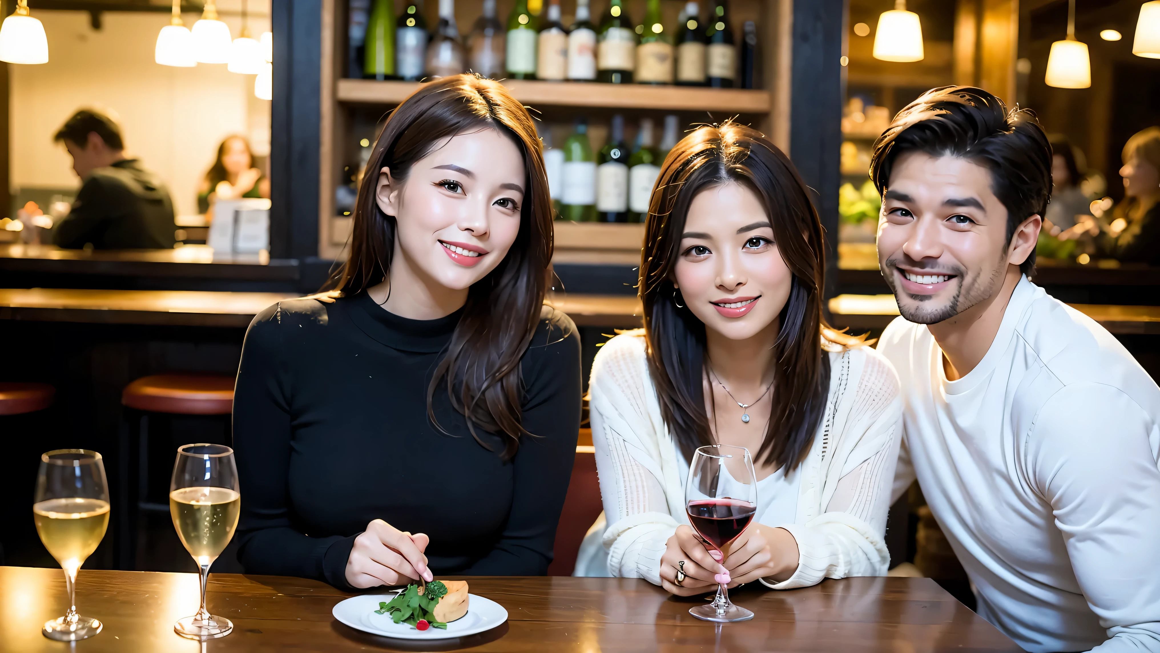 64k, UHD, highest quality, masterpiece: 1.2), (realistic, photorealistic: 1.37),やわらかなsmile、gentle expression、 Super detailed, celebration party、beauty、charm、beautiful mature woman、3 women who love wine、three men、Tokyo、Yokohama、Paris、London、venice、Rome、Champagne、sparkling wine、winter night、restaurantでワイン宴会、(slimな男女4名),(Wine party for 5 people)、(slimフェイス),Happy、 最高なsmile、Fox Face、Berry Short、(because I'thin), (brown hair), (shortcut), long sleeve shirt、winter fashion、Columbia、Brazilian、Japanese、Dutch、German、Portuguese、Belgian、Italian、French, (Squirting), (slimボティ), (brown hair), (shortcut), 端正なbeauty、cheeks blush a little, (41 years old), 38 years old, 35 years old、32 years old、 A beautiful and detailed night view spreads out outside the window..........., restaurant, wine glassが座っている, At night, in a prominent place (from the Upper body) nova frog style, actress, model, Upper body, White wine, slim, wine glass, Very beautiful night view, wine glass Put in the Middle, Happy smile, (smile: 1.15),