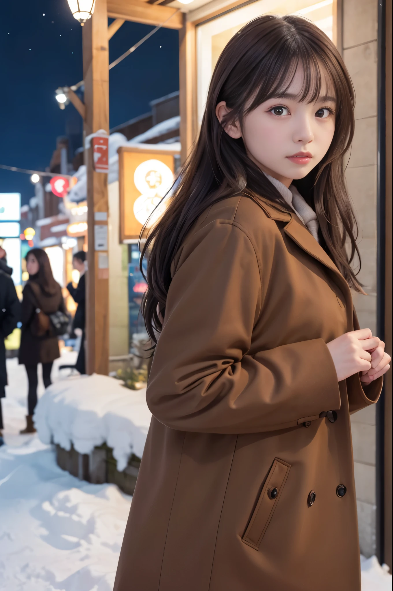 (8K, RAW photo, highest quality, masterpiece:1.3), (realistic, photo-realistic:1.4), (extremely detailed 8K wallpaper), sharp focus, Depth of bounds written,
japanese idol,Super cute, ,(coat: 1.3),(long hair and straight hair :1.3 ), (Upper body:1.3), highly detailed face and eyes,(shiny skin:1.2),cinematic lighting, soft light, blur background, Bokeh , (model pose :1.3), Urban winter night scene, streets lined with snow, warm lights from shop windows, people in heavy coats walking, snowflakes gently falling, a cozy and bustling atmosphere
