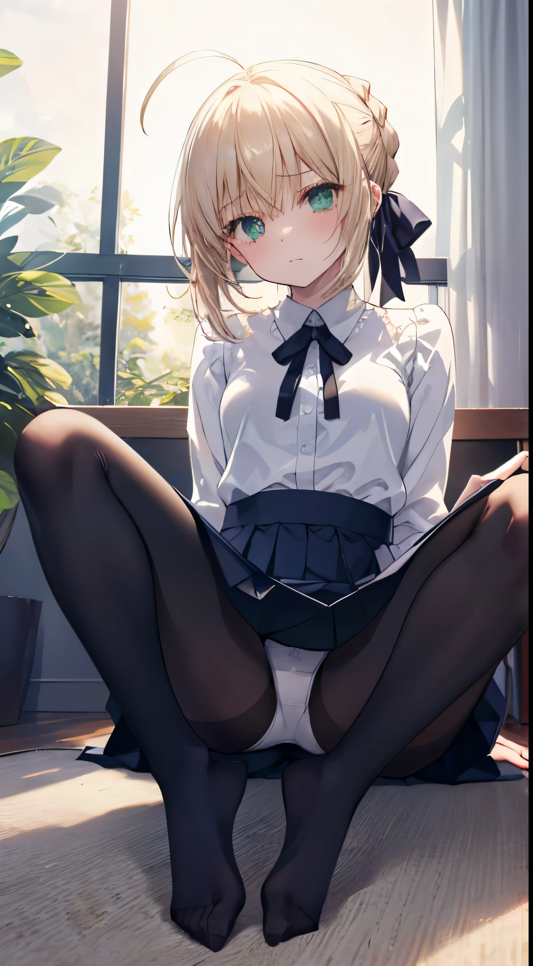 CCSABER, blonde hair, green eyes, Alcohol, White shirt, blue skirt, black pantyhose、Masterpiece、top quality、the best、ultra high resolution、full body portrait、intricate details、Super beautiful illustrations、perfect anatomy、correct anatomy、Perfect proportion、face perfect、Hand is2This book、perfect hands、feet in2This book、perfect feet、perfect hands指、little finger、Superior半身和下半身的精确尺寸和平衡、18 years old、 Have a mature body shape、tall female high school student、1 girl、The whole body from head to leg、Whole BodyEsbian、small 、little finger、little finger、no shoes、lie on your back、M-shaped legs、spread legs、between chains、facing forward、Start composing the picture from below、从front看构图、Panchira、Inner thigh sitting position、坐在地板Superior,Knees bent,legs spread、front、下半身facing forward、Slender feet、slender thighs、slender toes、躺在白色的床Superior,facing forward、Slender feet、稍微spread legs、sleep big character、legs spread、Hand is slightly raised、The panting face is about to cry、red blush、Embarrassed look、Eyes slightly sad、Black_Wearing white panties under stockings、Black transparent stockings and white panties、黑色Wearing white panties under stockings、Wearing white panties inside black pantyhose、Black lace pantyhose with white panties underneath、Wearing white underwear with black lenses、Wearing black light-colored pantyhose and white underwear、Wearing black transparent pantyhose and white panties、no shoes、no shoes on、pure white under black,,,_Superior、Visible through navy blue pleated skirt、pure white bra、underwear、bedroom、in the house、daytime、()、((Whole BodyEsbian))、Masterpiece、(top quality)