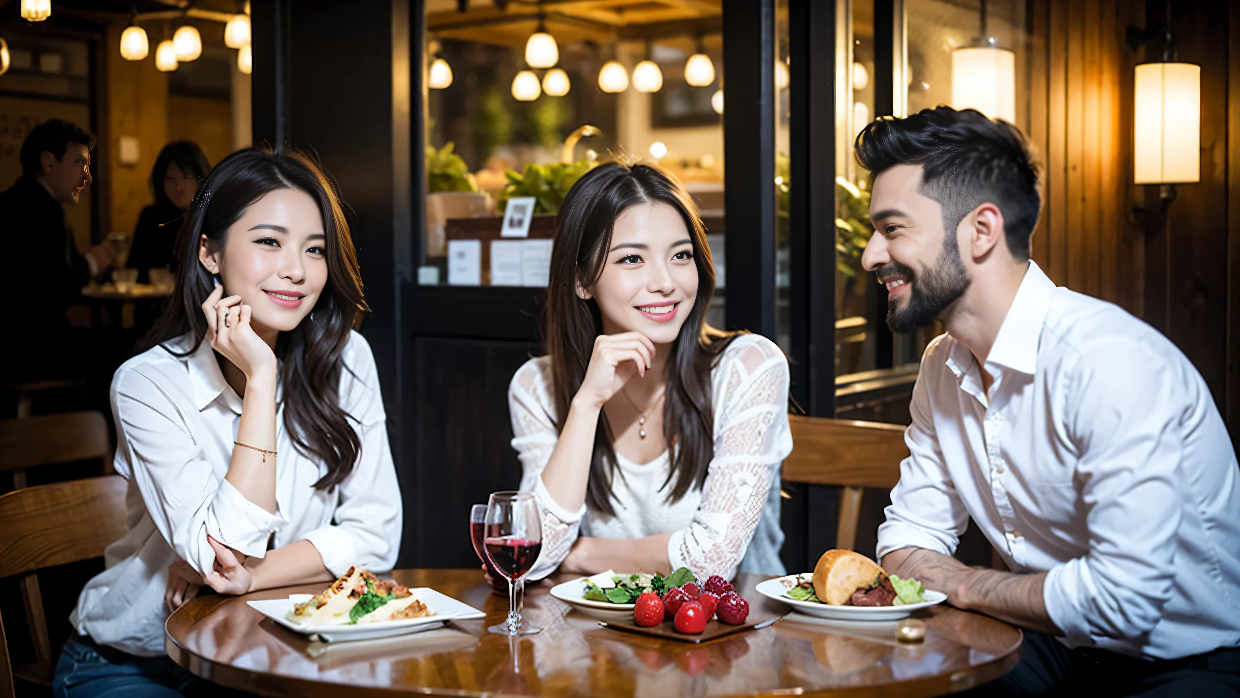64k, UHD, highest quality, masterpiece: 1.2), (realistic, photorealistic: 1.37),やわらかなsmile、gentle expression、 Super detailed, celebration party、beauty、charm、beautiful mature woman、3 women who love wine、three men、Tokyo、Yokohama、Paris、venice、Rome、Champagne、sparkling wine、winter night、restaurantでワイン宴会、(slimな男女4名),(Wine party for 5 people)、(slimフェイス),Happy、 最高なsmile、Fox Face、Berry Short、(because I'thin), (brown hair), (shortcut), long sleeve shirt、winter fashion、Columbia、Brazilian、Japanese、Dutch、German、Portuguese、Belgian、Italian、French, (Squirting), (slimボティ), (brown hair), (shortcut), 端正なbeauty、cheeks blush a little, (41 years old), 38 years old, 35 years old、32 years old、 A beautiful and detailed night view spreads out outside the window..........., restaurant, wine glassが座っている, At night, in a prominent place (from the Upper body) nova frog style, actress, model, Upper body, White wine, slim, wine glass, Very beautiful night view, wine glass Put in the Middle, Happy smile, (smile: 1.15),