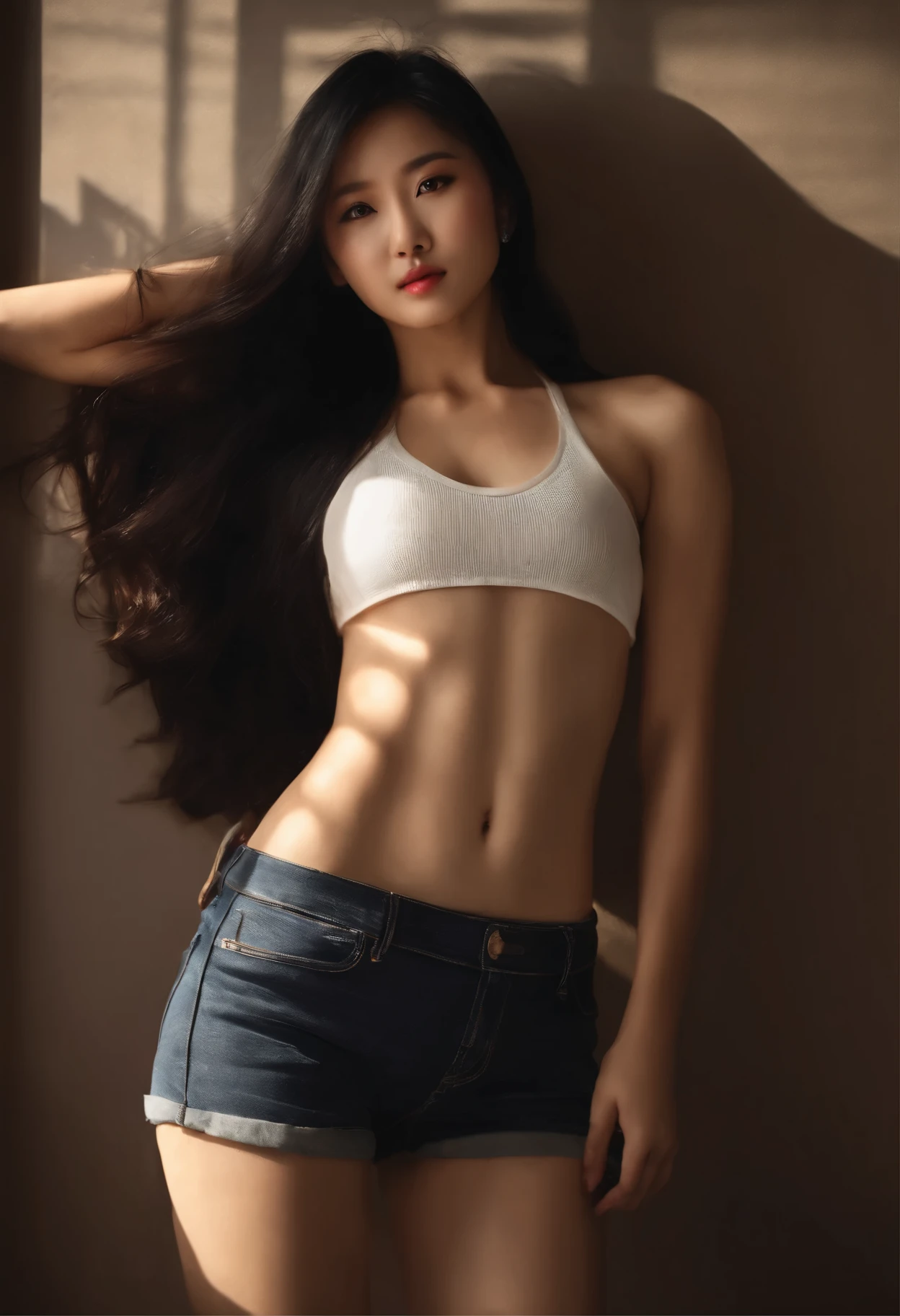 Sexy Chinese fit girl, sun spot light, stand and lay on wall, hyper realistic, skin tone, beautiful, black long hair, detail, jean short pants