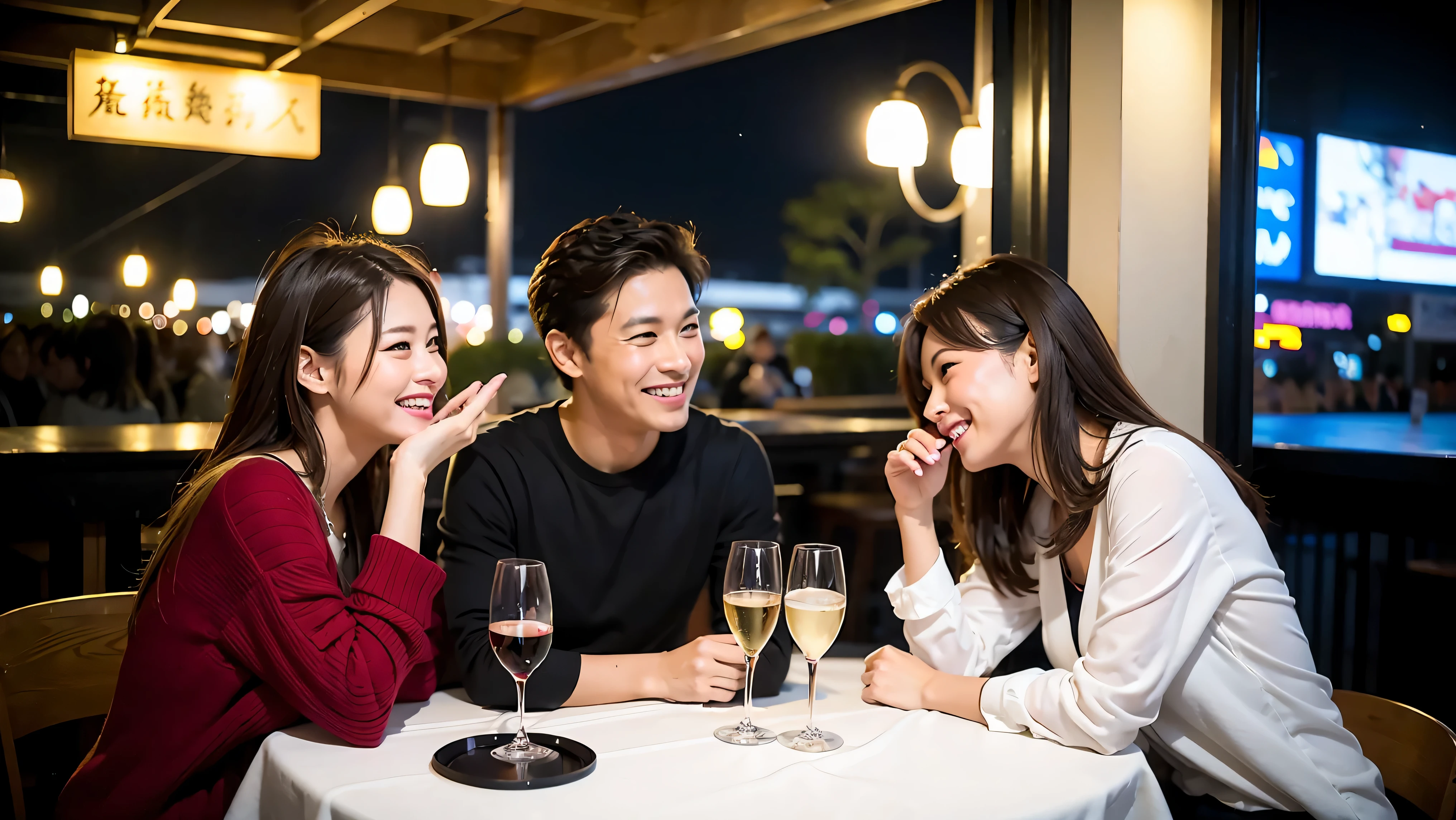 64k, UHD, highest quality, masterpiece: 1.2), (realistic, photorealistic: 1.37),やわらかなsmile、gentle expression、 Super detailed, celebration party、beauty、charm、beautiful mature woman、3 women who love wine、three men、Tokyo、Yokohama、Paris、London、venice、Rome、Champagne、sparkling wine、winter night、restaurantでワイン宴会、(slimな男女4名),(Wine party for 5 people)、(slimフェイス),Happy、 最高なsmile、Fox Face、Berry Short、(because I'thin), (brown hair), (shortcut), long sleeve shirt、winter fashion、Columbia、Brazilian、Japanese、Dutch、German、Portuguese、Belgian、Italian、French, (Squirting), (slimボティ), (brown hair), (shortcut), 端正なbeauty、cheeks blush a little, (41 years old), 38 years old, 35 years old、32 years old、 A beautiful and detailed night view spreads out outside the window..........., restaurant, wine glassが座っている, At night, in a prominent place (from the Upper body) nova frog style, actress, model, Upper body, White wine, slim, wine glass, Very beautiful night view, wine glass Put in the Middle, Happy smile, (smile: 1.15),