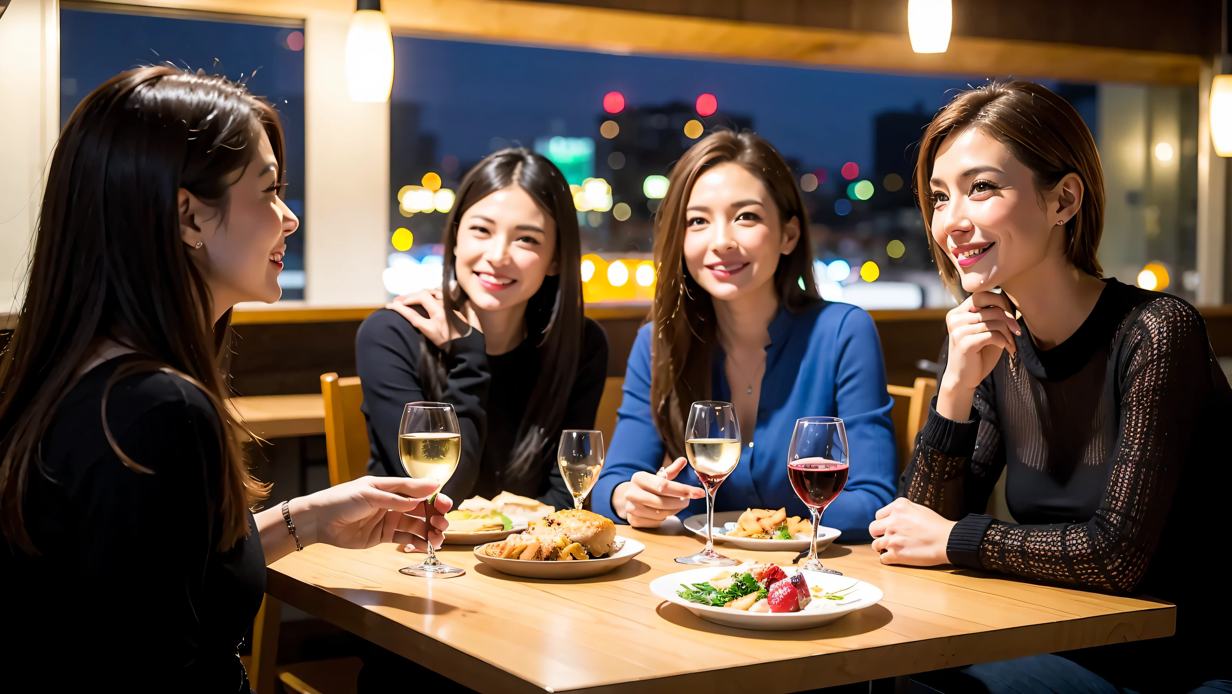 64k, UHD, highest quality, masterpiece: 1.2), (realistic, photorealistic: 1.37),やわらかなsmile、gentle expression、 Super detailed, celebration party、beauty、charm、beautiful mature woman、3 women who love wine、three men、Tokyo、Yokohama、Paris、London、venice、Rome、Champagne、sparkling wine、winter night、restaurantでワイン宴会、(slimな男女4名),(Wine party for 5 people)、(slimフェイス),Happy、 最高なsmile、Fox Face、Berry Short、(because I'thin), (brown hair), (shortcut), long sleeve shirt、winter fashion、Columbia、Brazilian、Japanese、Dutch、German、Portuguese、Belgian、Italian、French, (Squirting), (slimボティ), (brown hair), (shortcut), 端正なbeauty、cheeks blush a little, (41 years old), 38 years old, 35 years old、32 years old、 A beautiful and detailed night view spreads out outside the window..........., restaurant, wine glassが座っている, At night, in a prominent place (from the Upper body) nova frog style, actress, model, Upper body, White wine, slim, wine glass, Very beautiful night view, wine glass Put in the Middle, Happy smile, (smile: 1.15),