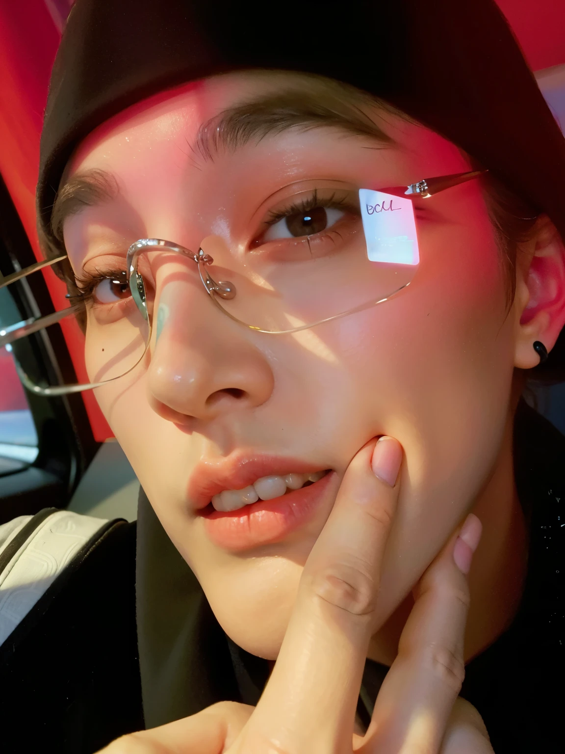 Hombre arafed con gafas y pintura roja en la cara, ojos brillantes y penetrantes, cai xukun, cuchilla del grupo de drenaje, ojos claros y penetrantes, foto de perfil, steven jung, Jimin\his right eyelid is swollen, imagen de perfil, Resplandor penetrante en los ojos, taken in the early 2020s, taehyung comiendo papas fritas gucci, conejito malo