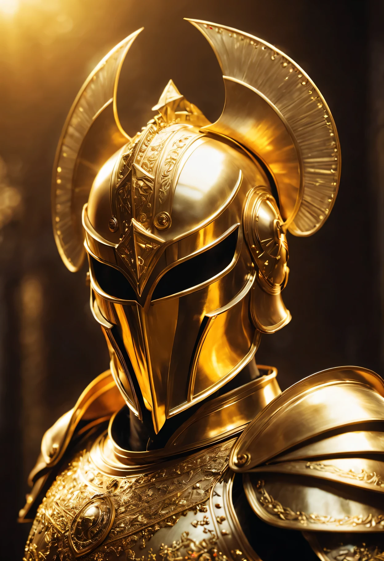（best quality，4K，8k，masterpiece：1.2），Super fine，glittering golden helmet，shining，golden armor，sparkling glass mask，heroic figure，golden light，subtle highlights，Intense lighting effects，sculptural details，bright colors，portrait