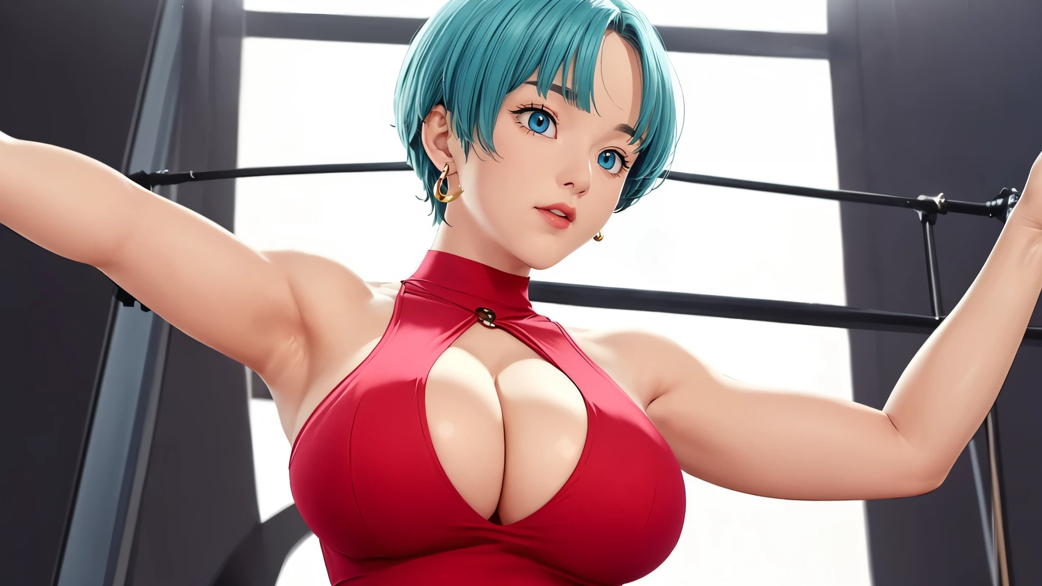 (((完美figure,figure,red dress, yellow scarf,pink jacket,A platinum necklace with a pearl around her neck,(((bulmadbzreddress,aqua hair, short hair, blue eyes, earrings))),(((wide hips)))))),((masterpiece)),high resolution, ((Best quality at best)),masterpiece,quality,Best quality,((( Exquisite facial features,looking at the audience,There is light in the eyes,Happy))),(((Light and shadow interlace,huge ))),(((looking into camera,from below,look up,fighting stance)))
