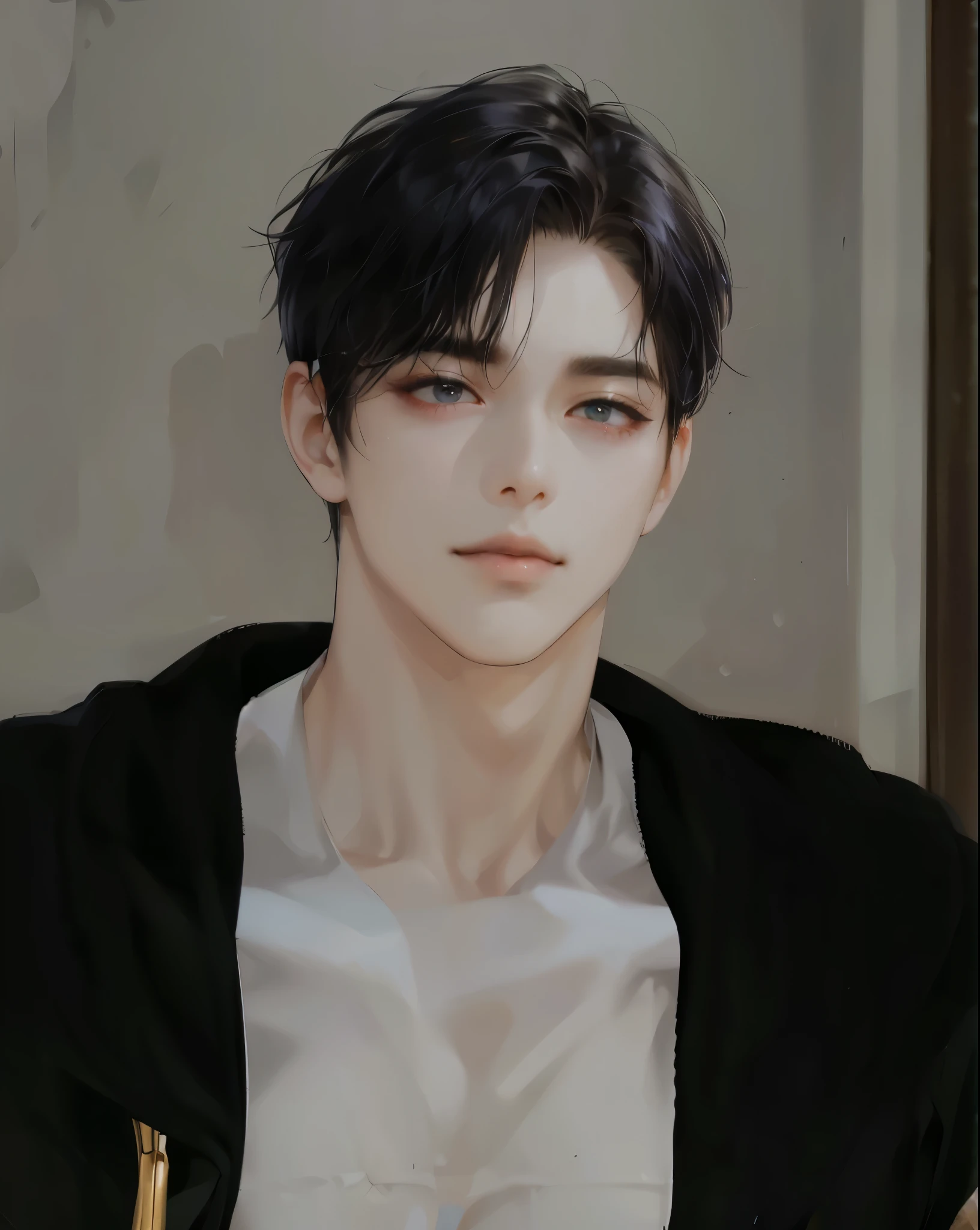 sharp eyes, light smile, black hair, very short hair, glowing eyes, black eyes, makeup, determined, Verism, anime style, chiaroscuro, cinematic lighting, sparkle, stereogram, (((projected inset, high details, highres, 8k, best quality, high quality, super detail, masterpiece))), 일러스트, muscle male, 진중한 표정, 흰색 셔츠