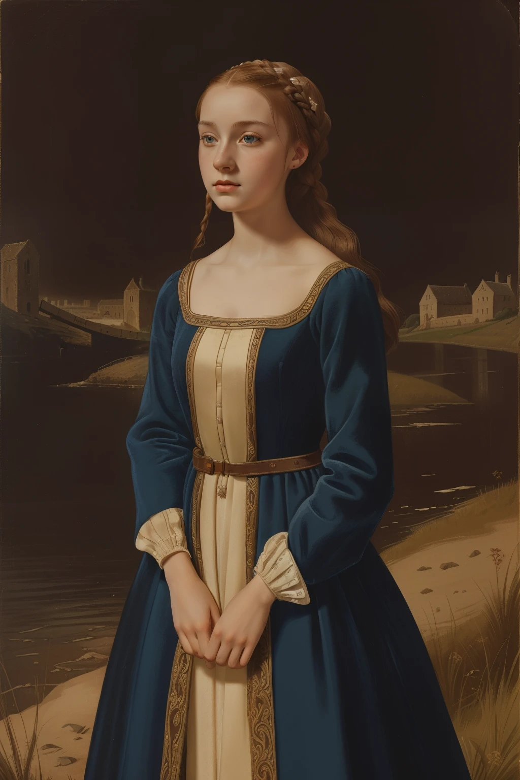 England, 1337. A young ((((20-year-old)) Caris Wooler)), attractive, expressive eyes, looking at a disaster in ((horror)), accident, tragedy, standing by the river, ((shock expression)). ((((clothings from the 1300s, gown)))), ((light chestnut hairstyle of the 1300s)) 
