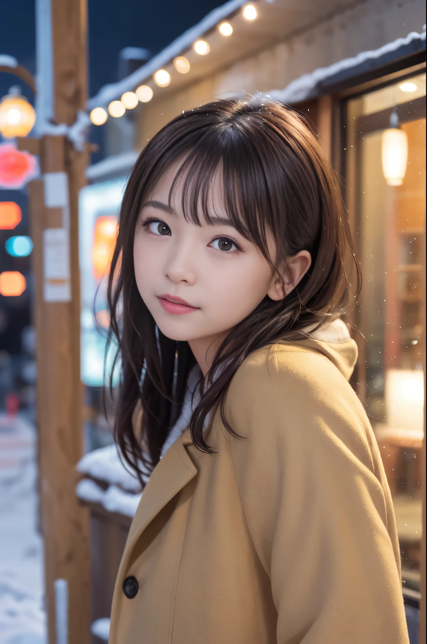  (8K, RAW photo, highest quality, masterpiece:1.3), (realistic, photo-realistic:1.4), (Highly detailed 8K wallpaper), sharp focus, written boundary depth,
 japanese idol,So cute,10 years old ,(coat: 1.3),(long hair and straight hair :1.3 ), (Upper body:1.3), highly detailed face and eyes,(shiny skin:1.2),cinematic lighting, soft light, blur background, Bokeh , (model pose :1.3), winter night view of the city, snow-covered street, warm light from the shop window, people in heavy coats walking, snowflakes fall gently, Cozy and lively atmosphere