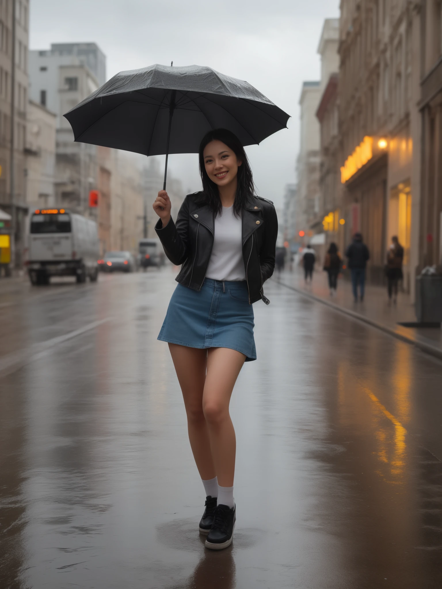 dancing on the street pretty smiling woman aged 33,dynamic pose, bare legs, wet fitness tall body, flowing wet dark brown hair, wearing wet too big old worn leather jacket, wet creased damaged denim short skirt, red crumpled socks and old untied military shoes, rainy cloudy weather, her silhouette reflected in puddles on wet asphalt, city skyline in the background, hiper realism, detailed, raytracing, masterpiece