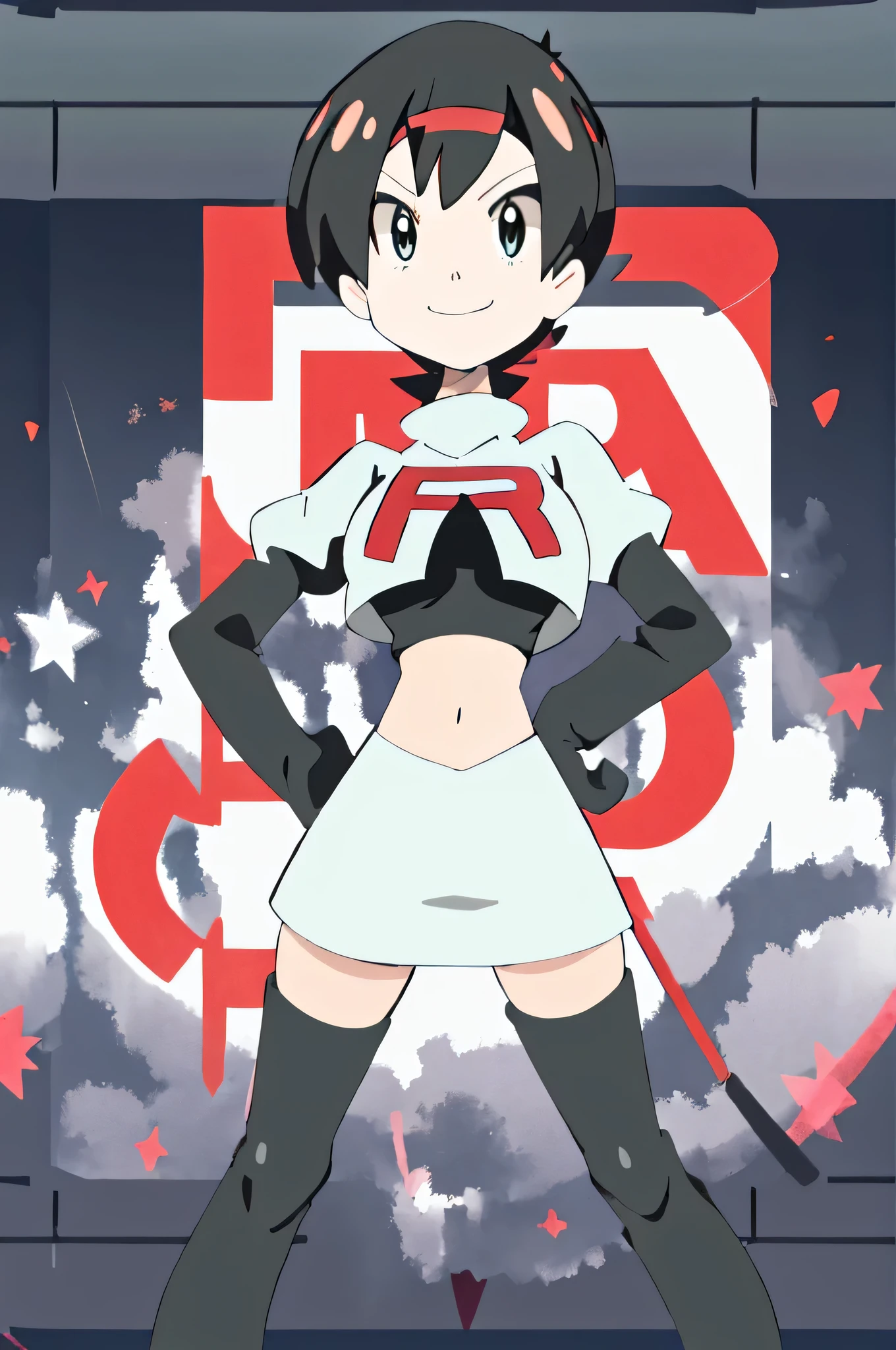 8k, anime screencap,1girl in, (solo:1.2), (perfect body:1.1), (best quality:1.1), very large breast, team rocket uniform, red letter r, white skirt,white crop top,black thigh-high boots, black elbow gloves, evil smile, looking down at viewer, hands on hips,zettai ryouiki,
