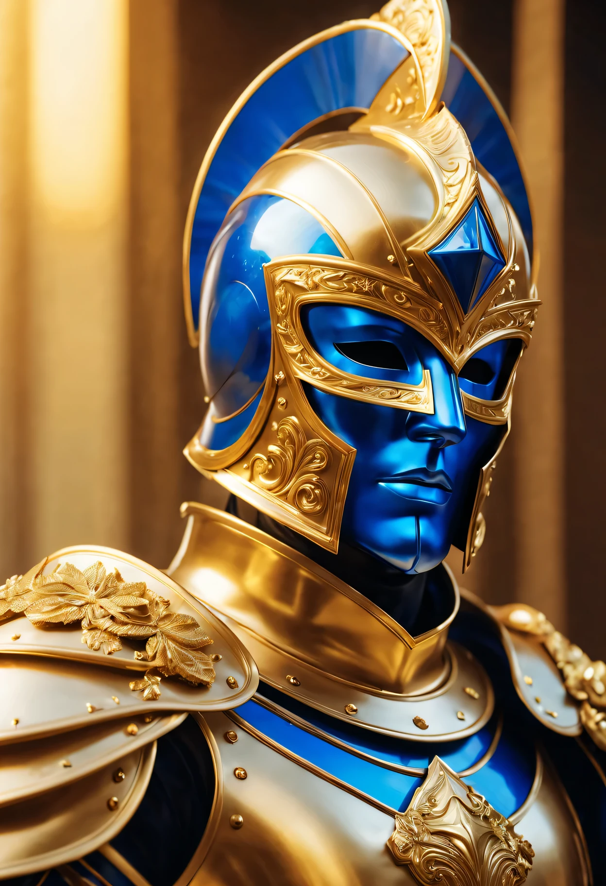 （best quality，4K，8k，masterpiece：1.2），Super fine，glittering golden helmet，shining，golden armor，Sparkling blue translucent glass face mask，heroic figure，golden light，subtle highlights，Intense lighting effects，sculptural details，bright colors，portrait