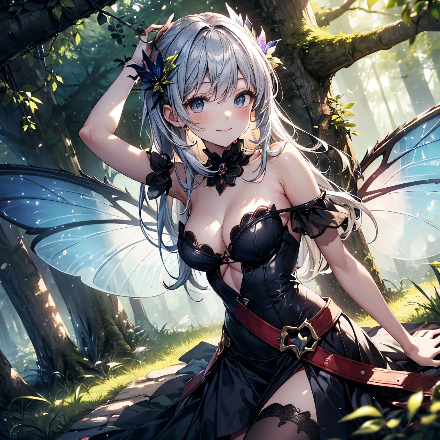 Generate an exquisite image featuring a beautiful, adorable, mysterious, and captivating fairy standing in a deep European forest bathed in dappled sunlight. The fairy possesses perfectly symmetrical transparent wings on both sides. With her hands gracefully placed behind her and her head tilted to the side, she smiles warmly towards the viewer. The composition should be a front-facing view, capturing the fairy's enchanting presence in its entirety