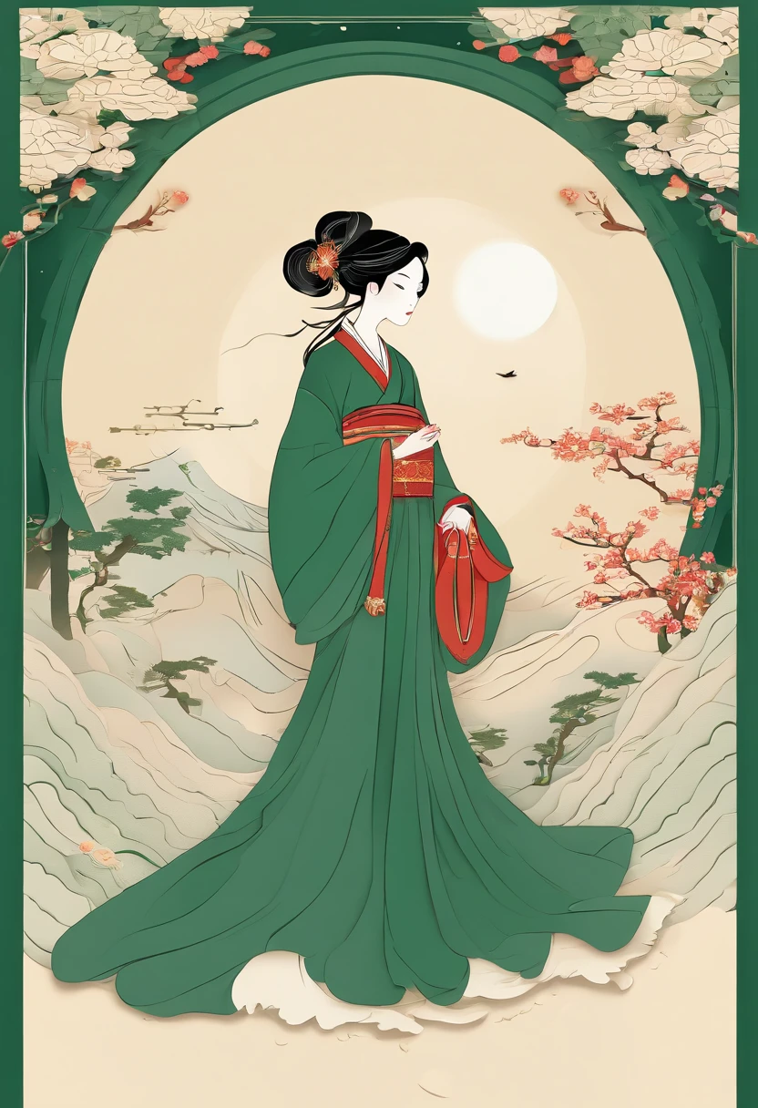 masterpiece, A Chiense woman in a hanfu, beautiful render of a fairytale, in the style of paper art, painting of beautiful, beautiful as the moon, very intricate masterpiece, painted metal, beautiful intricate masterpiece, multiple layers, Mysterious, Ancient China background, green