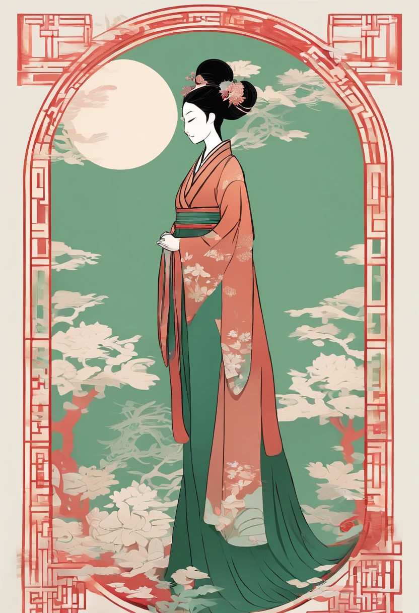 masterpiece, A Chiense woman in a hanfu, beautiful render of a fairytale, in the style of paper art, painting of beautiful, beautiful as the moon, very intricate masterpiece, painted metal, beautiful intricate masterpiece, multiple layers, Mysterious, Ancient China background, green