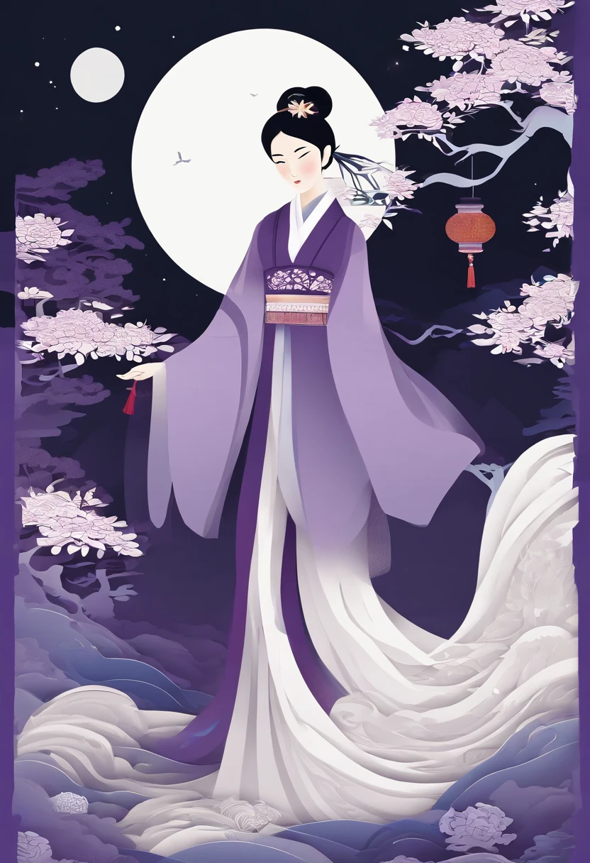 masterpiece, A Chiense woman in a hanfu, beautiful render of a fairytale, in the style of paper art, painting of beautiful, beautiful as the moon, very intricate masterpiece, painted metal, beautiful intricate masterpiece, multiple layers, Mysterious, Ancient China background, purple
