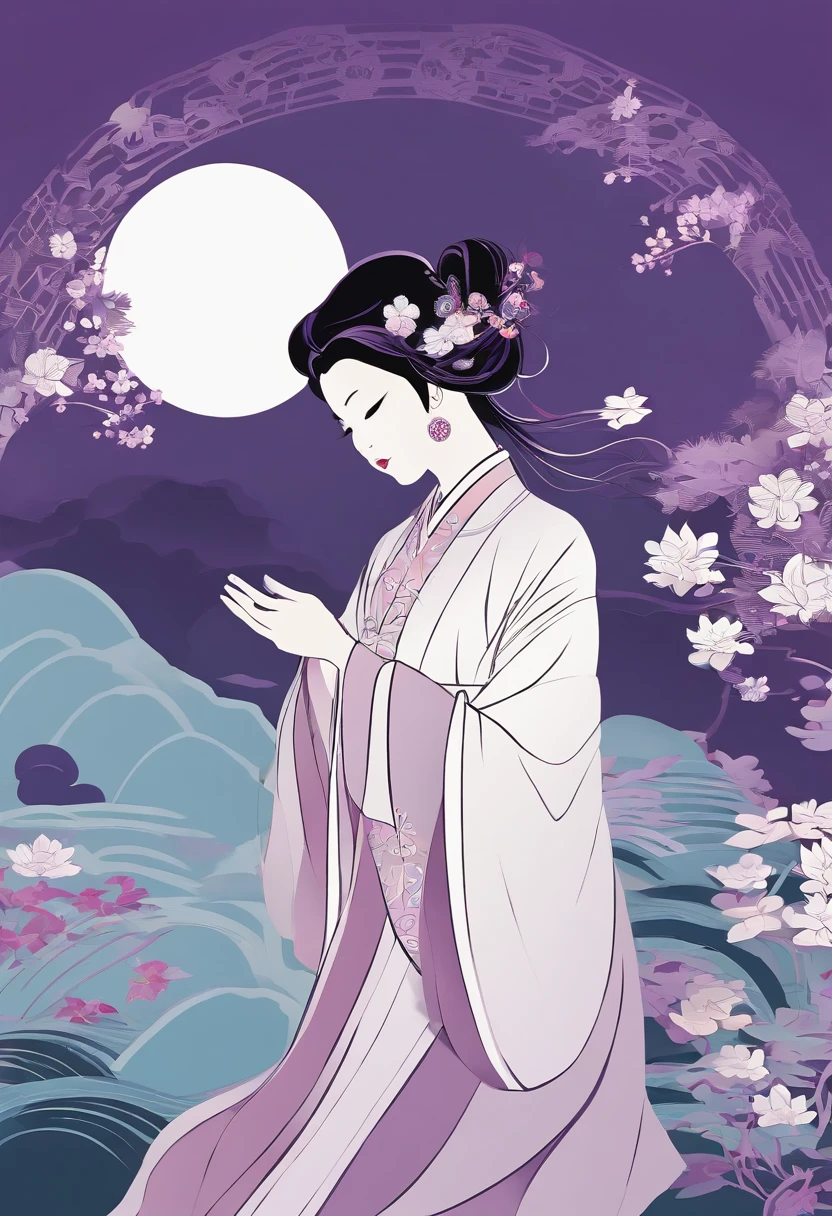 masterpiece, A Chiense woman in a hanfu, beautiful render of a fairytale, in the style of paper art, painting of beautiful, beautiful as the moon, very intricate masterpiece, painted metal, beautiful intricate masterpiece, multiple layers, Mysterious, Ancient China background, purple