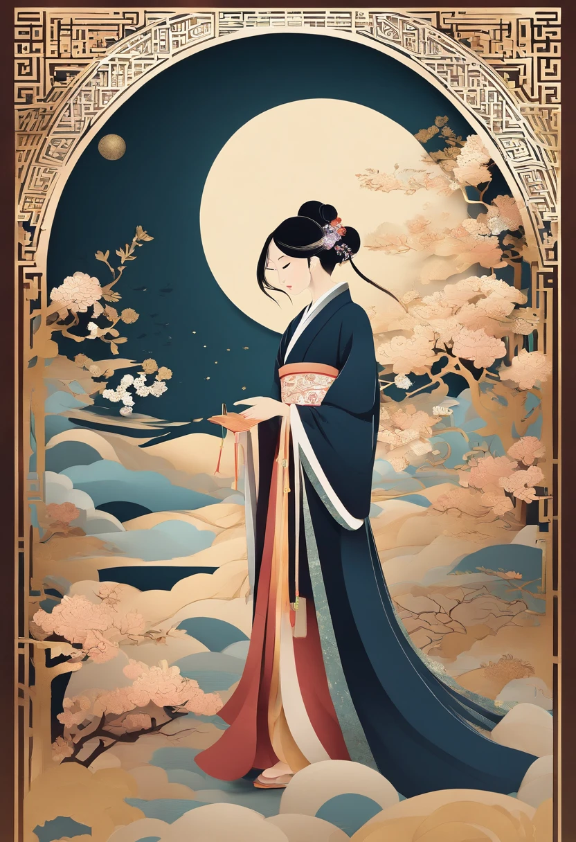 masterpiece, A Chiense woman in a hanfu, beautiful render of a fairytale, in the style of paper art, painting of beautiful, beautiful as the moon, very intricate masterpiece, painted metal, beautiful intricate masterpiece, multiple layers, Mysterious, Ancient China background, gold