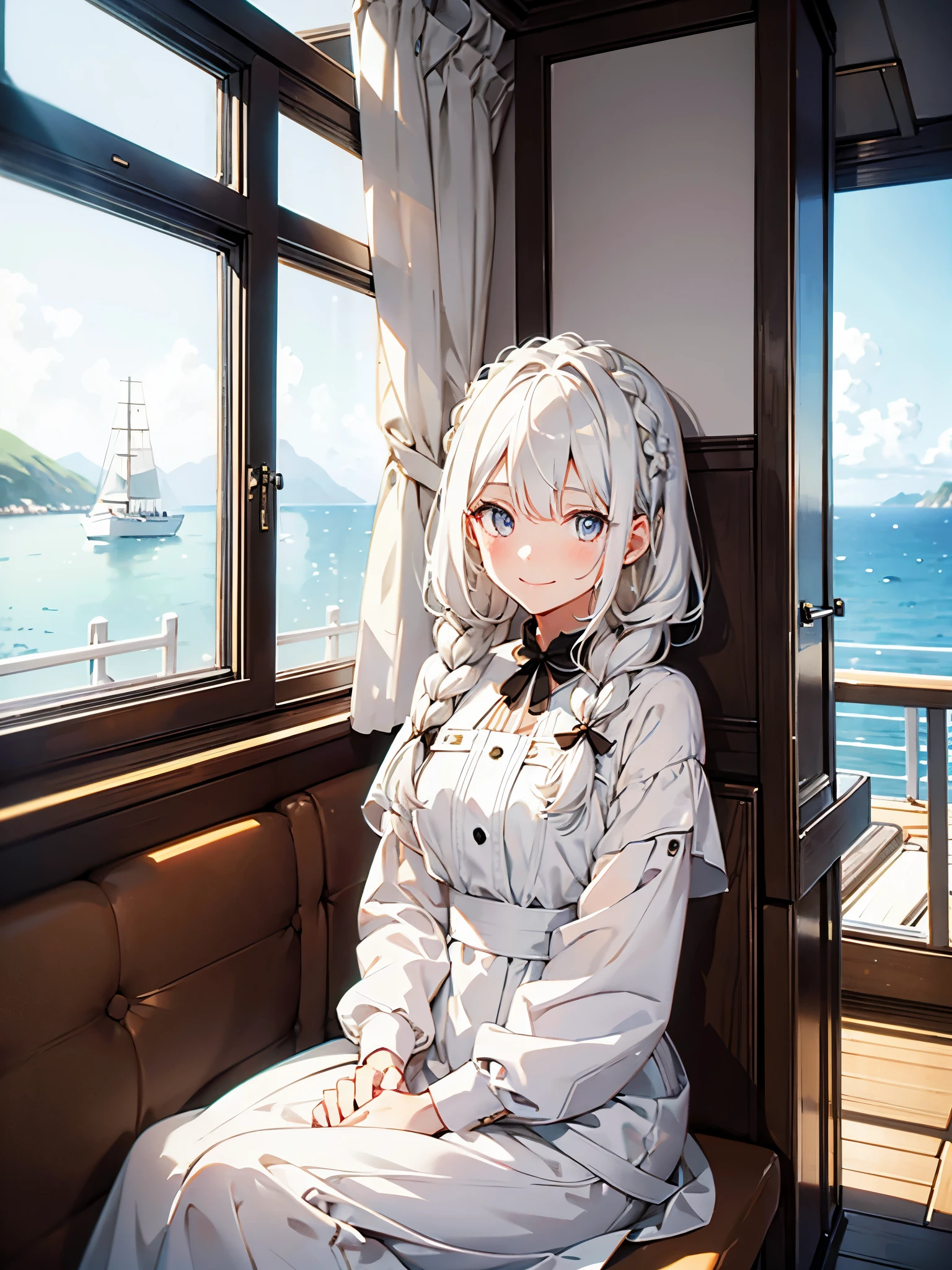 white hair girl,Smiling,Quirky,Brown pupils,Wearing a plain white dress,French braid,Tall,Lively,To the camera Biye,sitting in yacht,Outside the window is the sea,Phoenix Eyes,enchanted,black,Lively可爱
