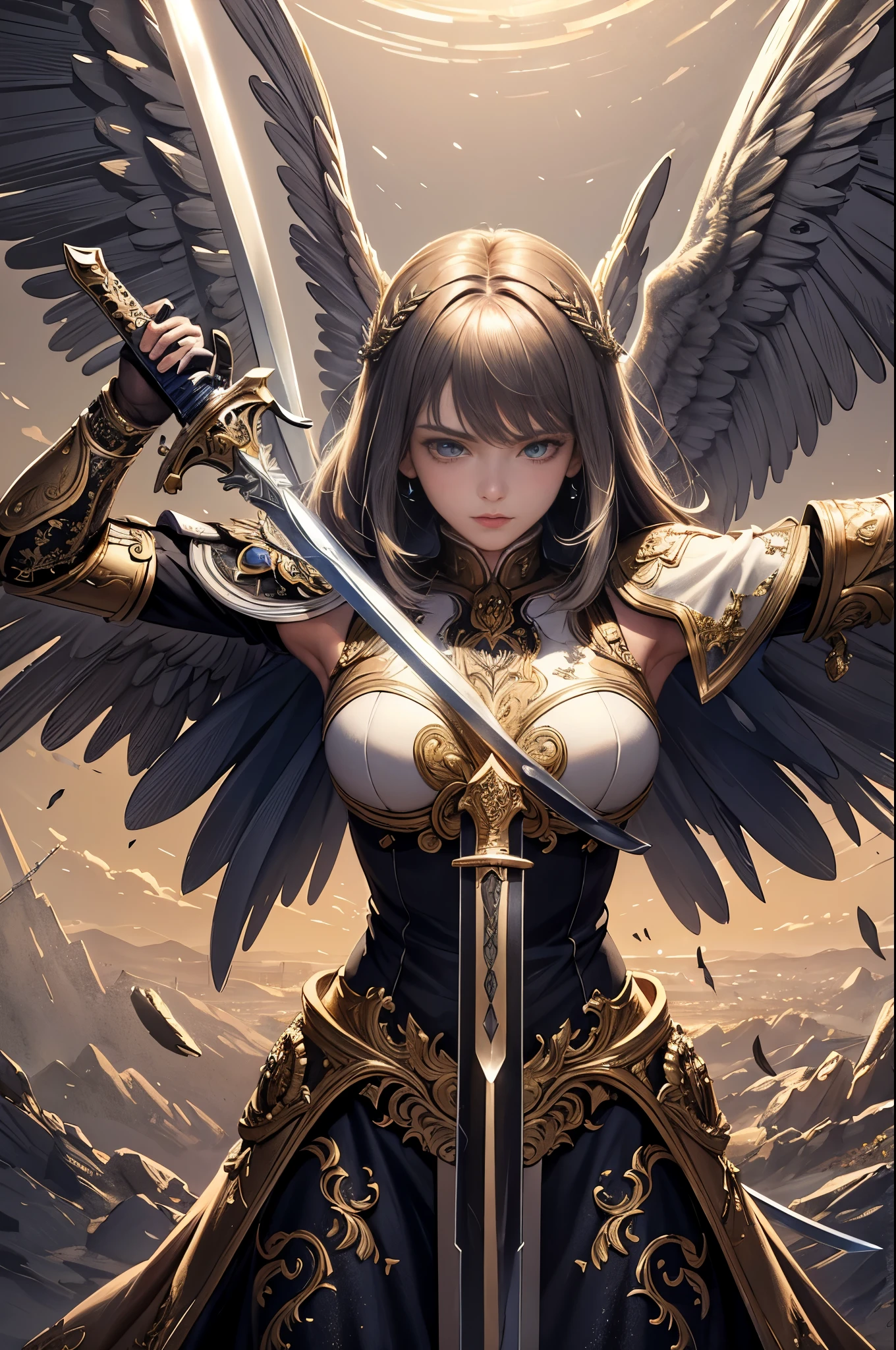 (masterpiece, best quality:1.3),extremely high detailed, intricate, 8k, HDR, wallpaper, cinematic lighting, (universe),(holding sword:1.3), glowing, glowing eyes, mecha, large wings,