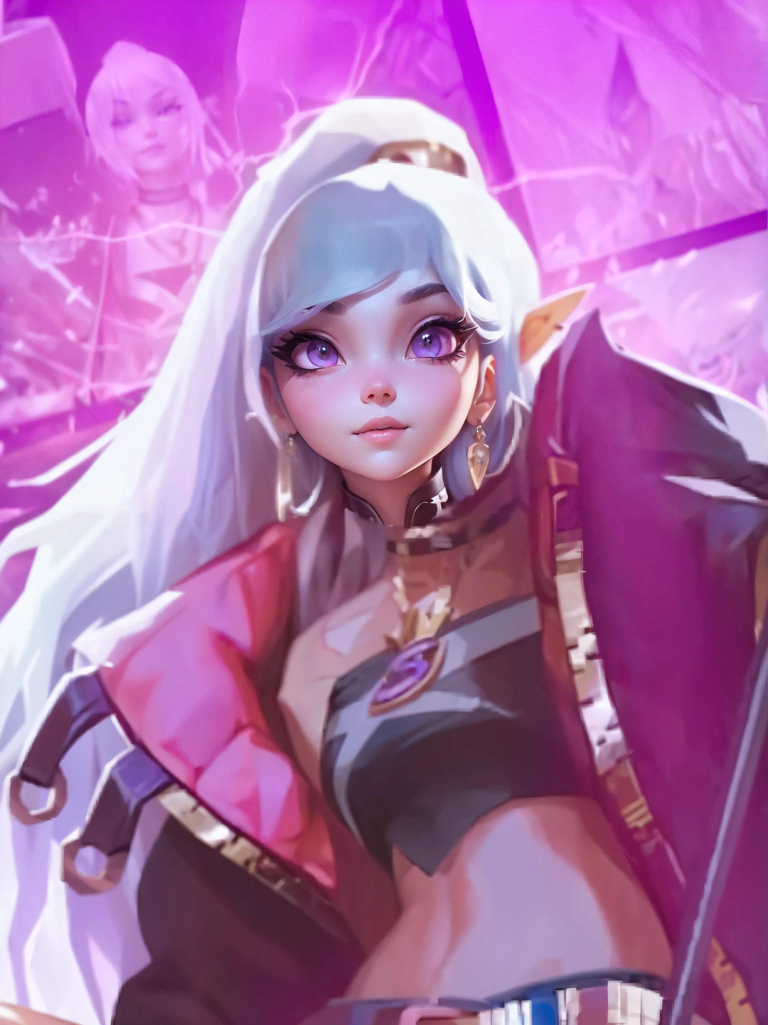 a close up of a woman with a sword and a purple background, kda, rossdraws 1. 0, rossdraws 2. 0, ashe, portrait of jinx from arcane, rossdraws 2. 5, rossdraws and jazza, rossdraws sakimimichan, arcane jinx, rossdraws digital painting, rossdraws cartoon vibrant, (highly detailed face:1.4) (smile:0.7) (background inside dark, moody, private study:1.3) POV, by lee jeffries, nikon d850, film stock photograph ,4 kodak portra 400 ,camera f1.6 lens ,rich colors ,hyper realistic ,lifelike texture, dramatic lighting , cinestill 800