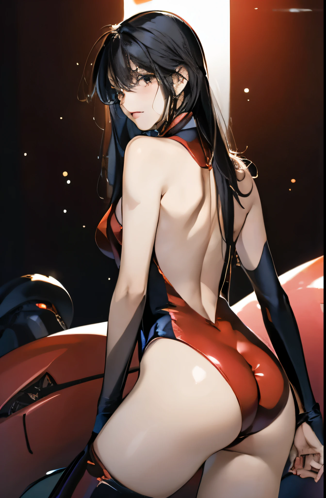 masterpiece　length, dirty black hair　perfect body woman　Also々new expression　shiny肌　turn around　red sleeveless bodysuit（High leg　shiny）　beautiful bust　Big beautiful butt exposed（the suit is tight）　exposed thighs　Sea of night