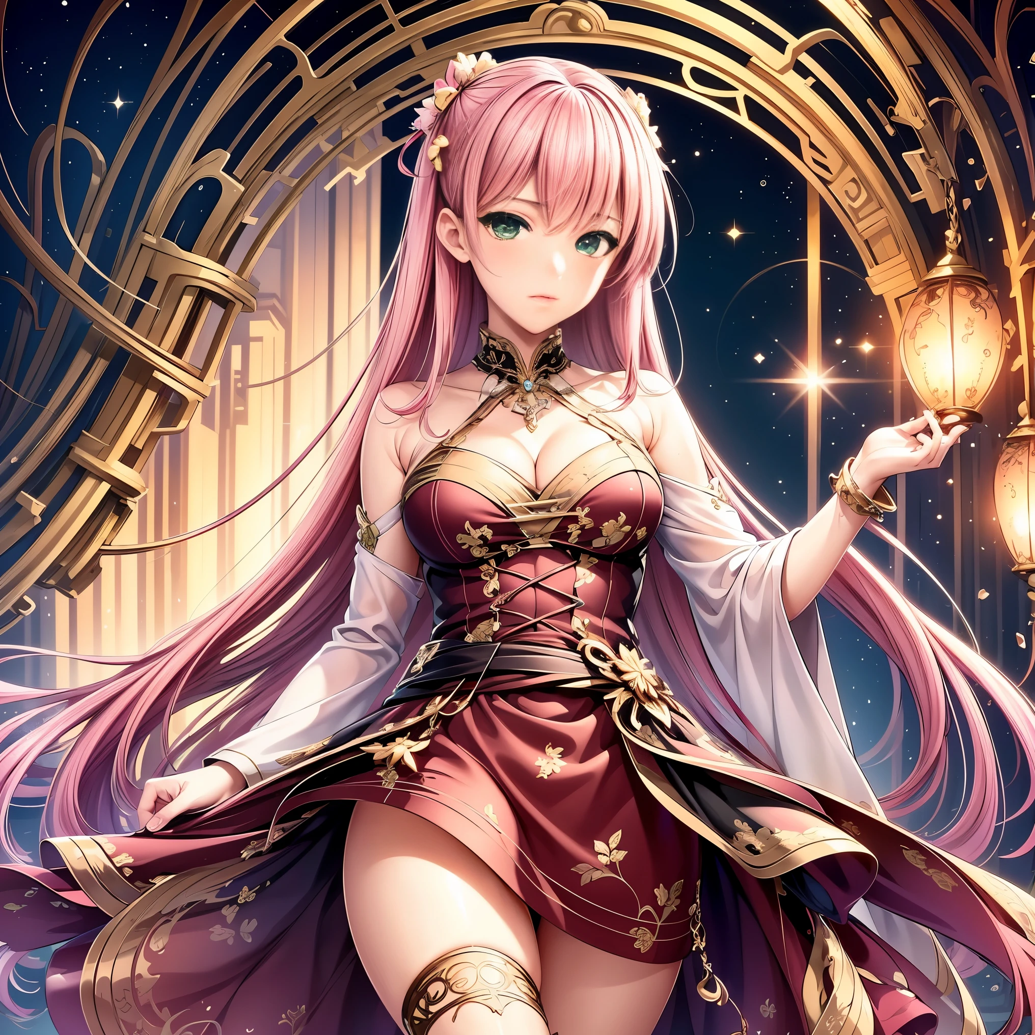 (masterpiece, highest quality, highest quality, official art, beautiful and aesthetic:1.2), (1 girl), very detailed,(fractal art:1.3),colorful,most detailed, green eyes, pink hair