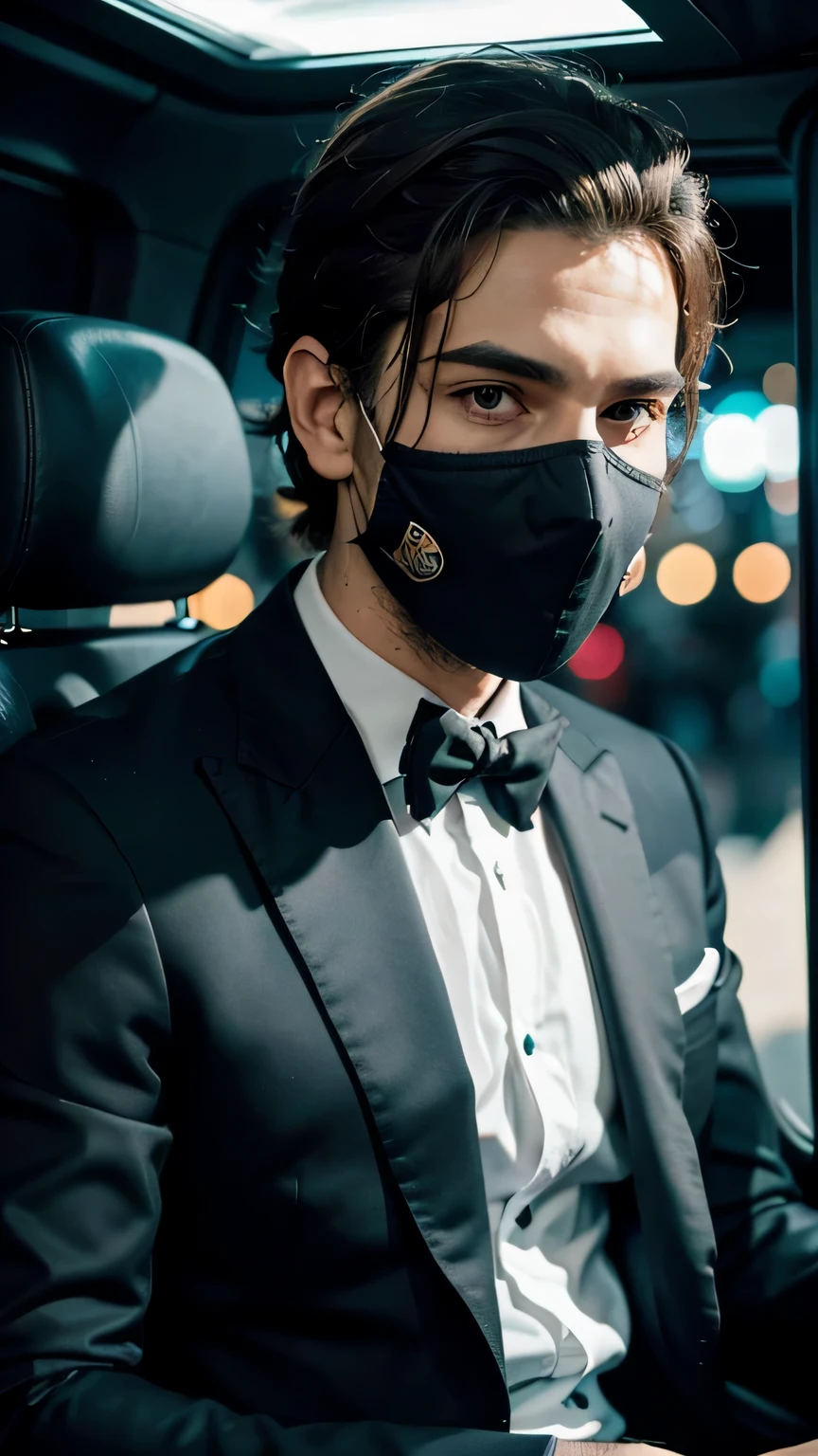 descripcion del sujeto:
Edad: 25 years old Sex: Masculino
Vestimenta: Traje elegante negro
Accesorios: White mask on face Location: Limousine back seat lighting: atuendo, Viniendo de las luces de la ciudad, The white mask covers the upper half of his face., dejando al descubierto sus ojos y boca.
The black suit is perfectly ironed and fitted to his body....
La limosina se desplaza por una avenida iluminada de la ciudad.
Creates an intriguing and mysterious image of a young man in a position of power..
The image must convey a feeling of tension and suspense..