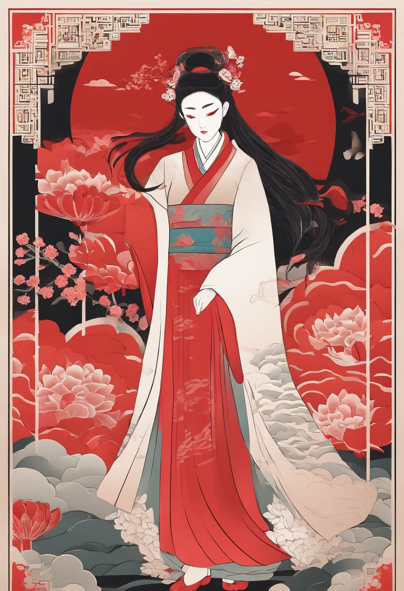 masterpiece, A Chiense woman in a hanfu, beautiful render of a fairytale, in the style of paper art, painting of beautiful, beautiful as the moon, very intricate masterpiece, painted metal, beautiful intricate masterpiece, multiple layers, Mysterious, Ancient China background, red
