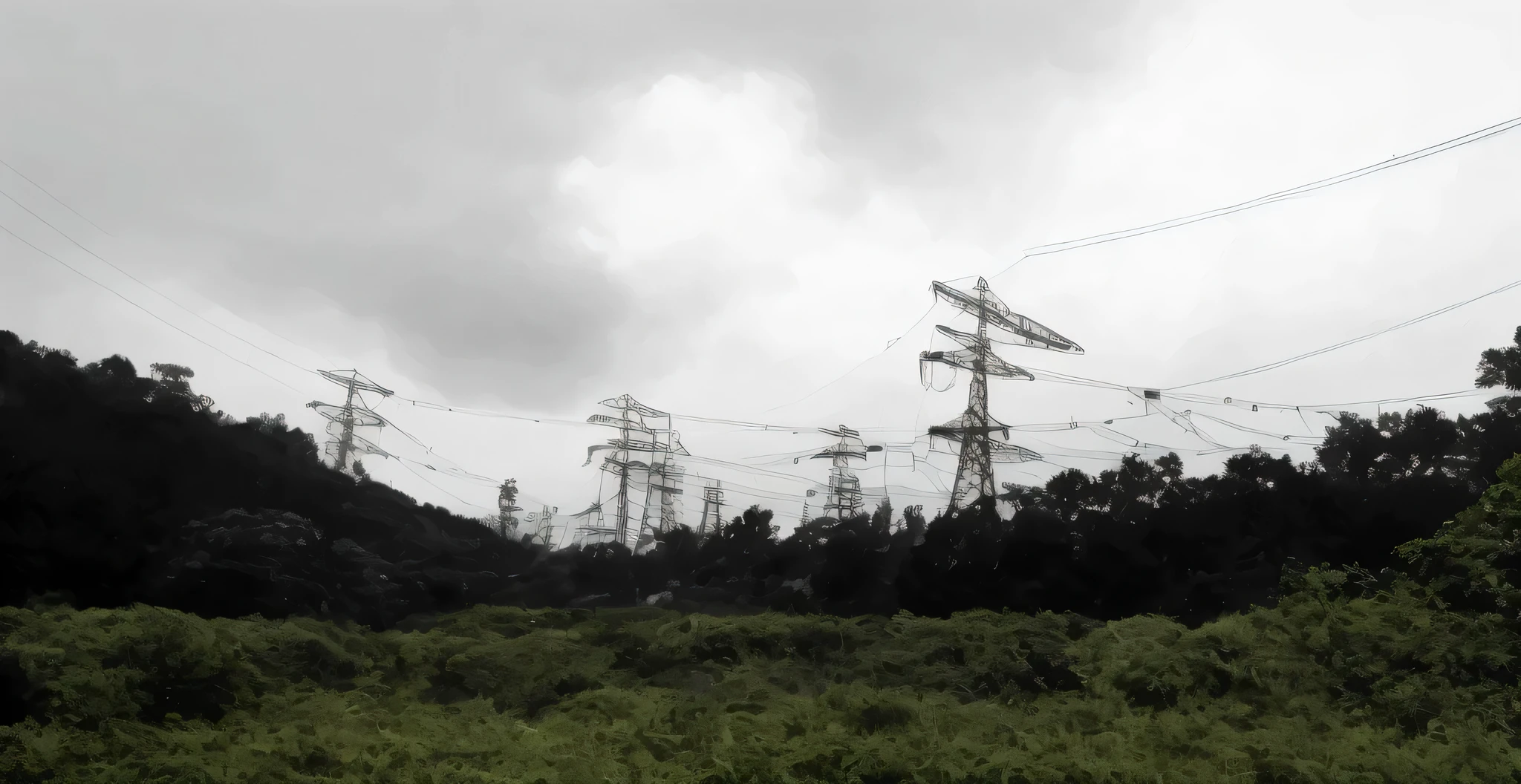arafed power line in the middle of a forest with a sky background, power line, machines and wire everywhere, power line, Wired landscape, energy rays, wire flying in the air, holding electricity and birds, overhead wire, electricityケーブル, many wire, electricity, wire, wire in background, pylon, wire hanging、photograph、モノクロphotograph