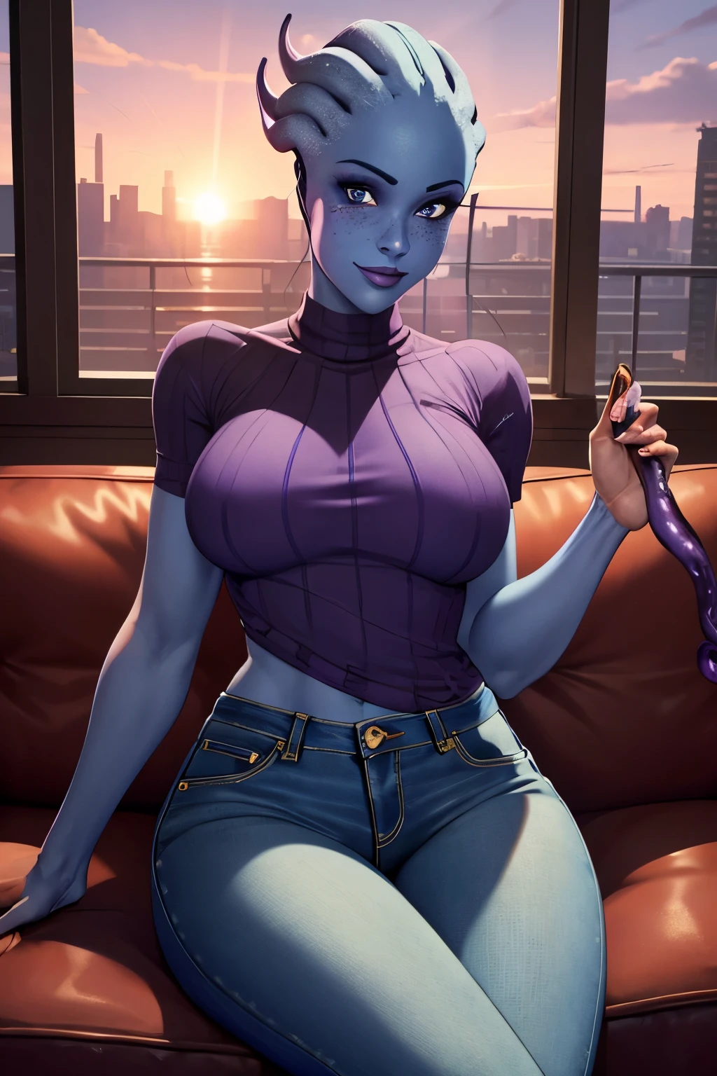 (masterpiece, Best quality),  naked,naked tits,breasts hanging indoors, sunrise, (purple sweater, jeans), short sleeves, is sitting, sofa, apartment, cowboy shot, 1 girl, One, LiaraTsoni, colored leather, blue skin, Blue eyes, freckles, hair tentacles, medium breasts, toned, [[[press]]], seductive smile,