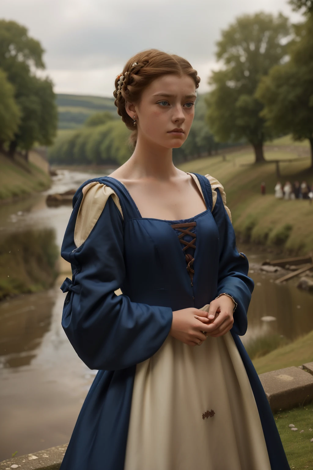 England, 1337. A young ((((20-year-old)) Caris Wooler)), attractive, expressive eyes, staring at a disaster in ((horror)), accident, tragedy, standing by the river, ((shock, alarmed expression)). ((((clothings from the 1300s, gown)))), ((light chestnut hairstyle of the 1300s)) 