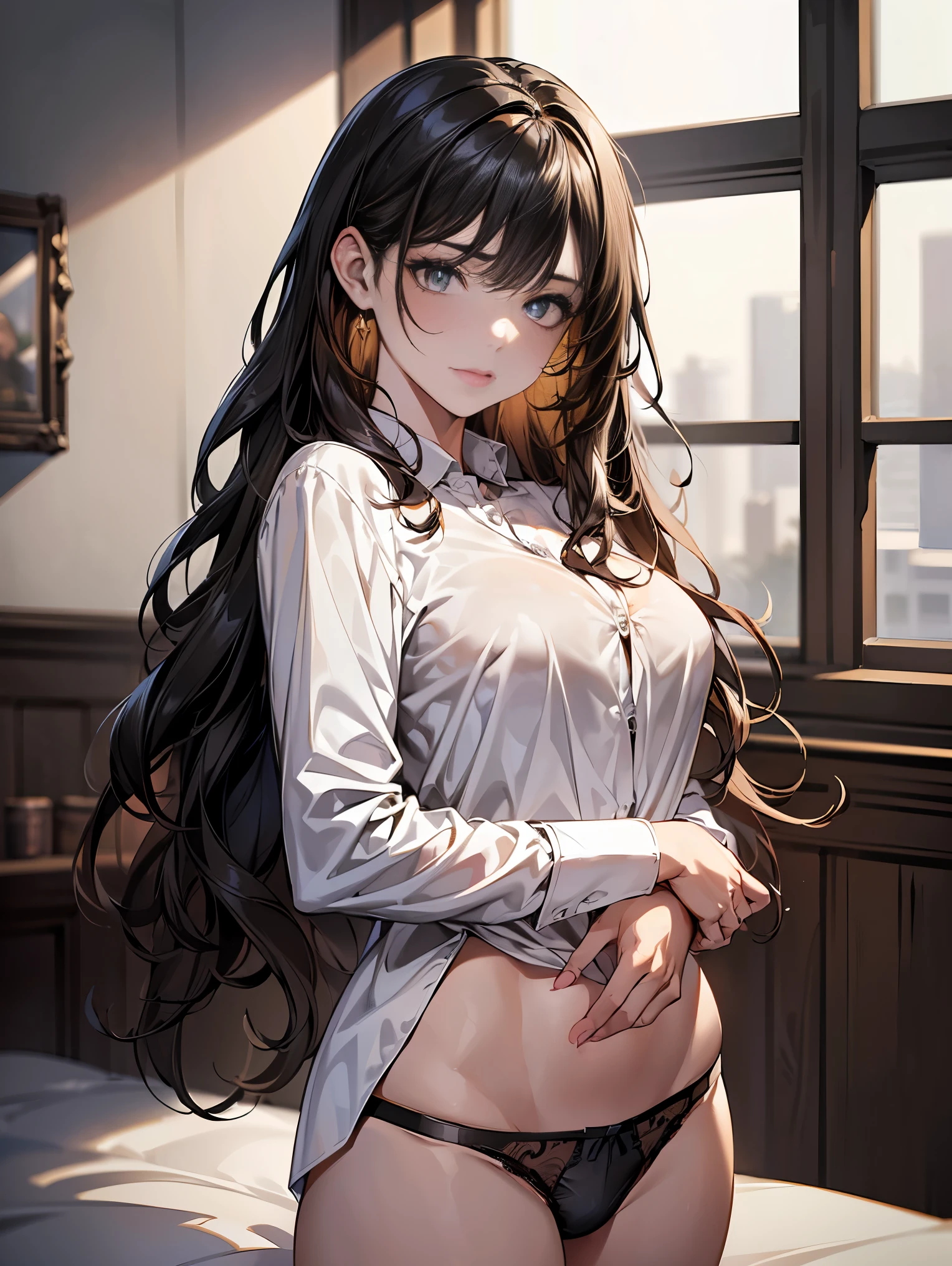 (( (masterpiece)，（Highly detailed CG Unity 8K wallpaper），(bust shot:1.5), highest quality，cinematic lighting，Photoreal, detailed background，beautiful and detailed eyes，（very elegant and beautiful），（beautiful and detailed eyes description），Super detailed，masterpiece，High resolution)), (perfect anatomy:1.2), Curvaceous, ((constricted waist, big breasts, tight ass)), ((long wavy black hair:1.5)), sexy eyes, (black underwear:1.5), (male&#39;S size white Y shirt:1.5)