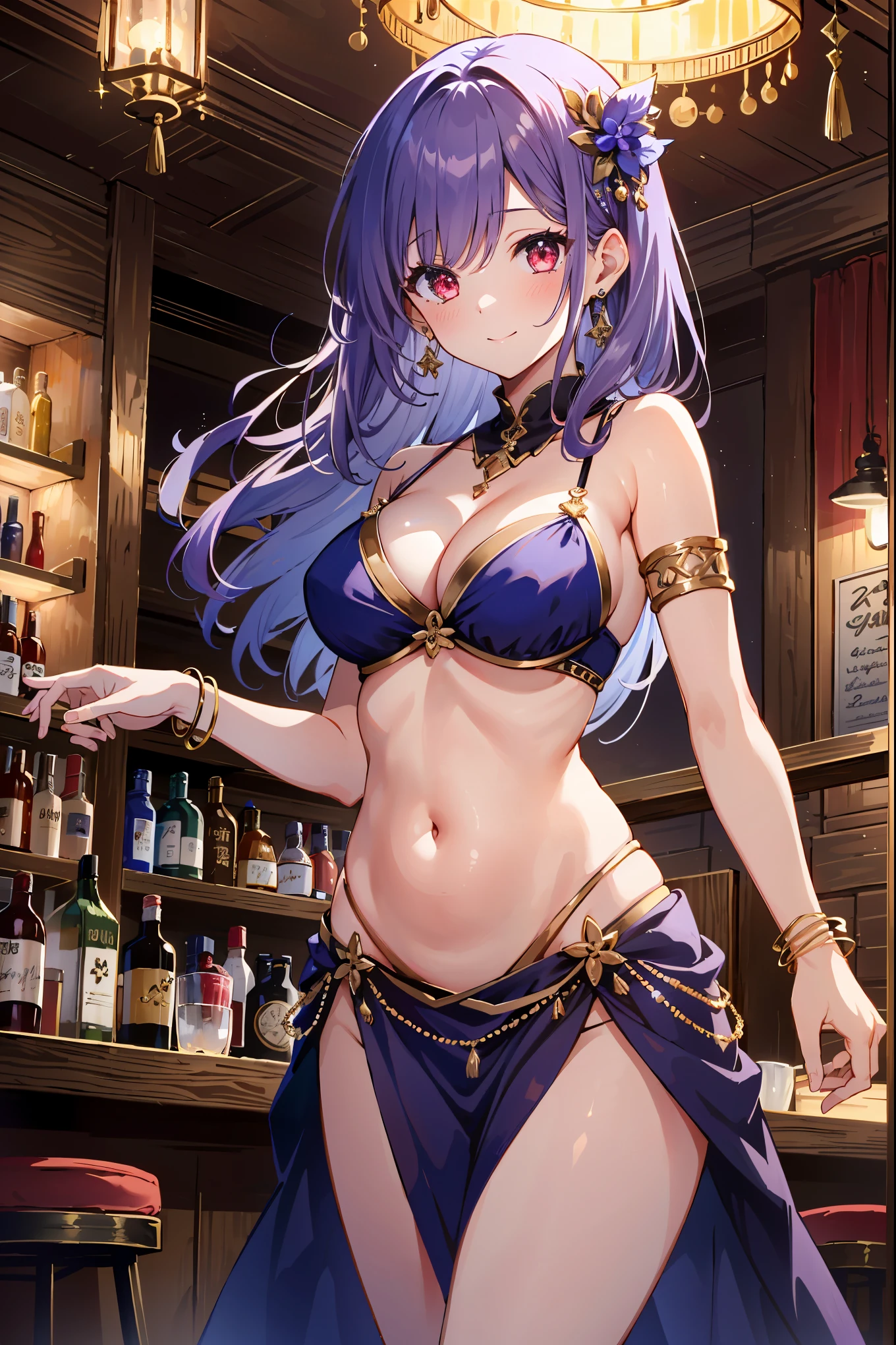 high quality, ultra detailed, best quality, insanely detailed, beautiful, masterpiece, 1girl, belly dancer, bar, cowboy shot, red eyes, long hair, light purple hair, harem outfit, bikini, pelvic curtain, purple costume, bare legs, hair ornament, earrings, armlet, bracelet, bashful smile, dancing, large breasts, cleavage, soft stomach