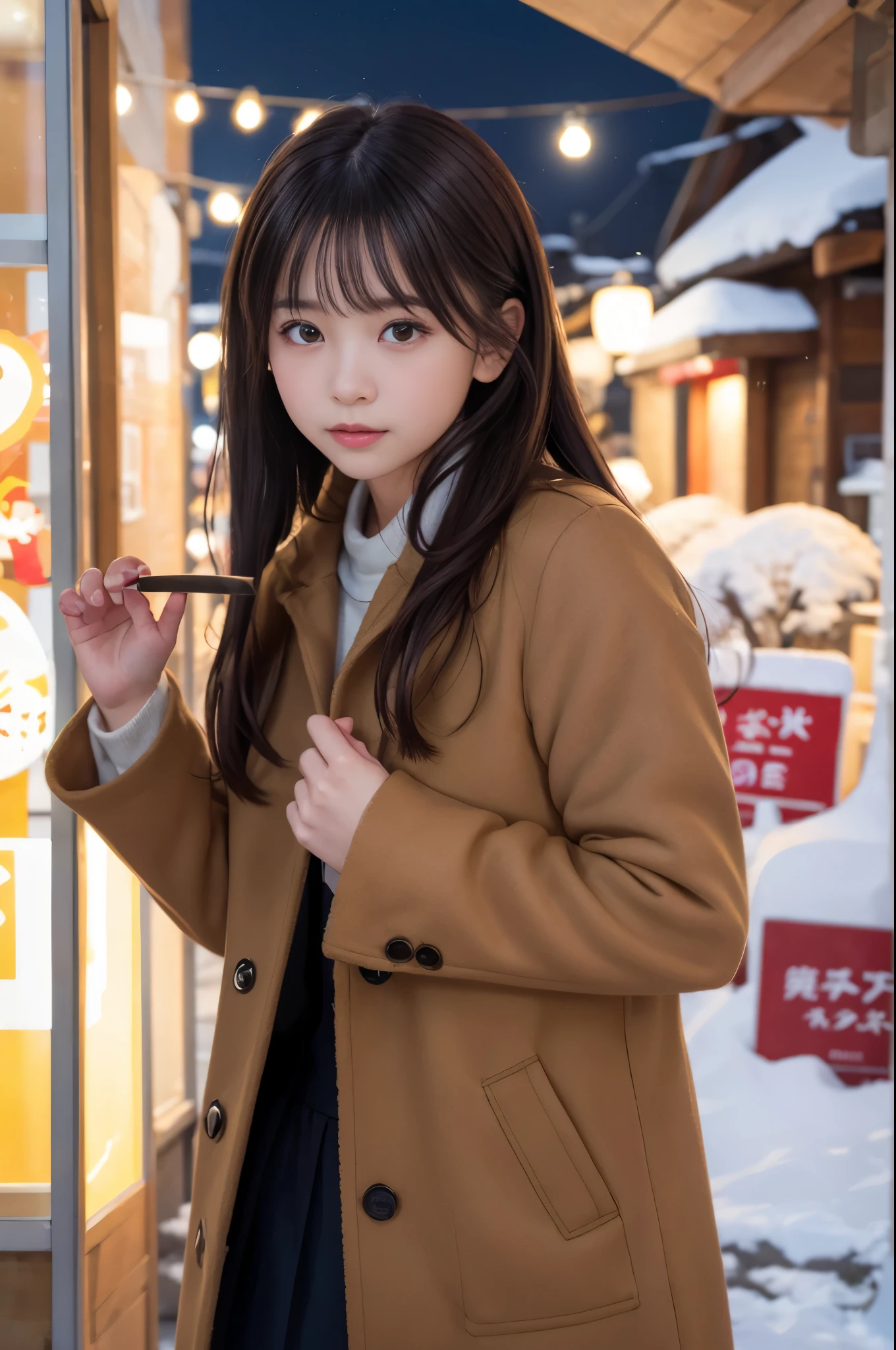 (8K, RAW photo, highest quality, masterpiece:1.3), (realistic, photo-realistic:1.4), (Highly detailed 8K wallpaper), sharp focus, Depth of written boundary,
japanese idol,very cute,10 years old ,(coat: 1.3),(long hair and straight hair :1.3 ), (Upper body:1.3), highly detailed face and eyes,(shiny skin:1.2),cinematic lighting, soft light, blur background, Bokeh , (model pose :1.3), Night view of winter city, snow-covered street, warm light from the shop window, people in heavy coats walking, snowflakes fall gently, Cozy and lively atmosphere