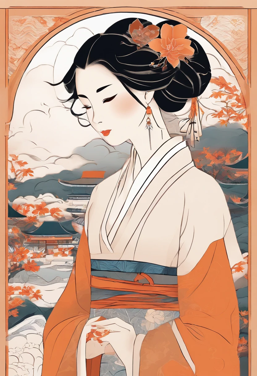 masterpiece, A Chiense woman in a hanfu, beautiful render of a fairytale, in the style of paper art, painting of beautiful, beautiful as the moon, very intricate masterpiece, painted metal, beautiful intricate masterpiece, multiple layers, Mysterious, Ancient China background, orange
