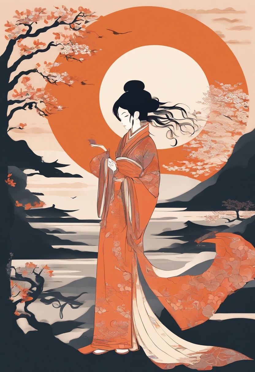 masterpiece, A Chiense woman in a hanfu, beautiful render of a fairytale, in the style of paper art, painting of beautiful, beautiful as the moon, very intricate masterpiece, painted metal, beautiful intricate masterpiece, multiple layers, Mysterious, Ancient China background, orange