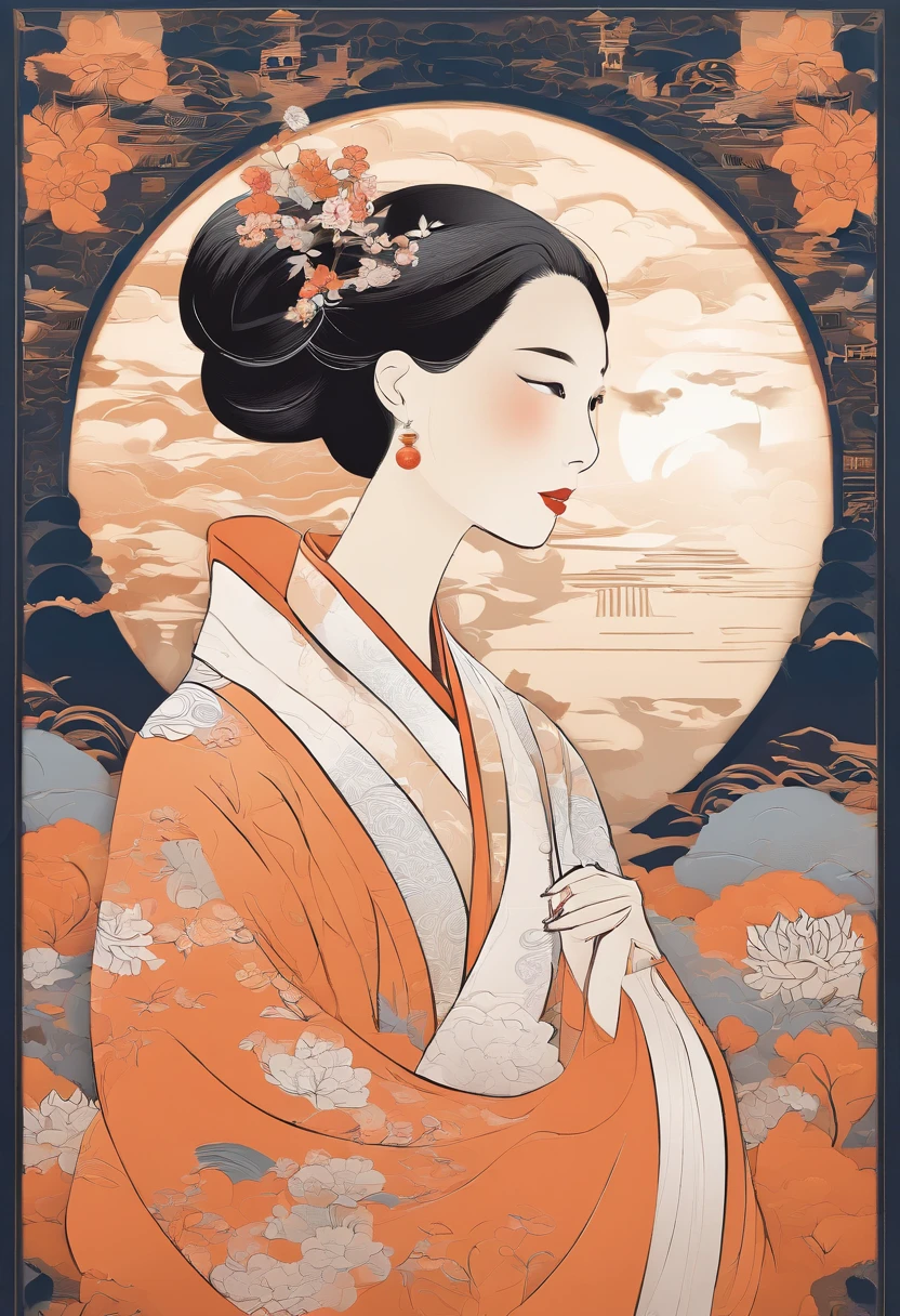 masterpiece, A Chiense woman in a hanfu, beautiful render of a fairytale, in the style of paper art, painting of beautiful, beautiful as the moon, very intricate masterpiece, painted metal, beautiful intricate masterpiece, multiple layers, Mysterious, Ancient China background, orange