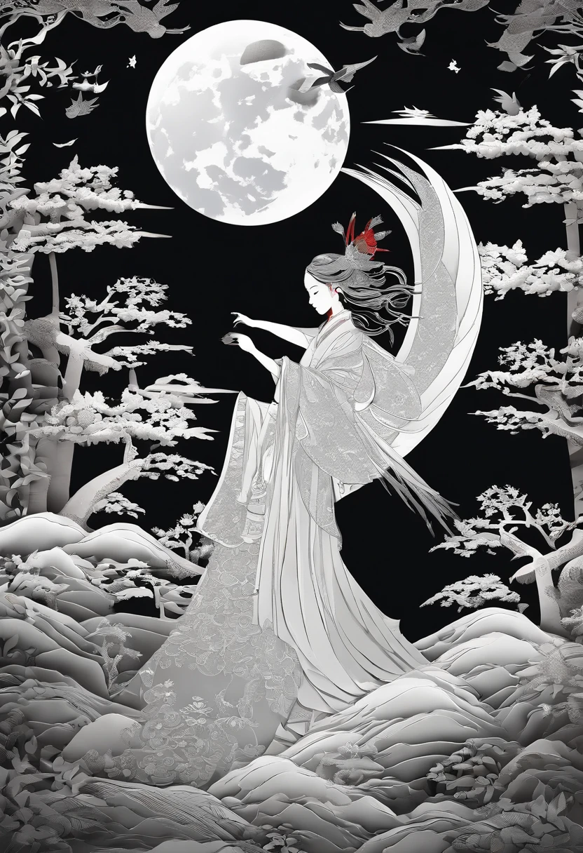 masterpiece, A Chiense woman in a hanfu, beautiful render of a fairytale, in the style of paper art, painting of beautiful, beautiful as the moon, very intricate masterpiece, painted metal, beautiful intricate masterpiece, multiple layers, Mysterious, Ancient China background, silver