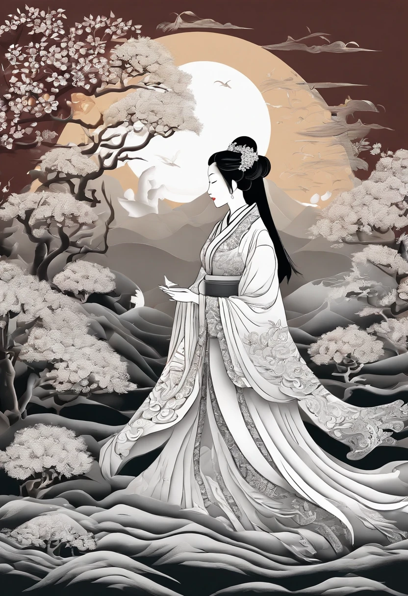 masterpiece, A Chiense woman in a hanfu, beautiful render of a fairytale, in the style of paper art, painting of beautiful, beautiful as the moon, very intricate masterpiece, painted metal, beautiful intricate masterpiece, multiple layers, Mysterious, Ancient China background, silver
