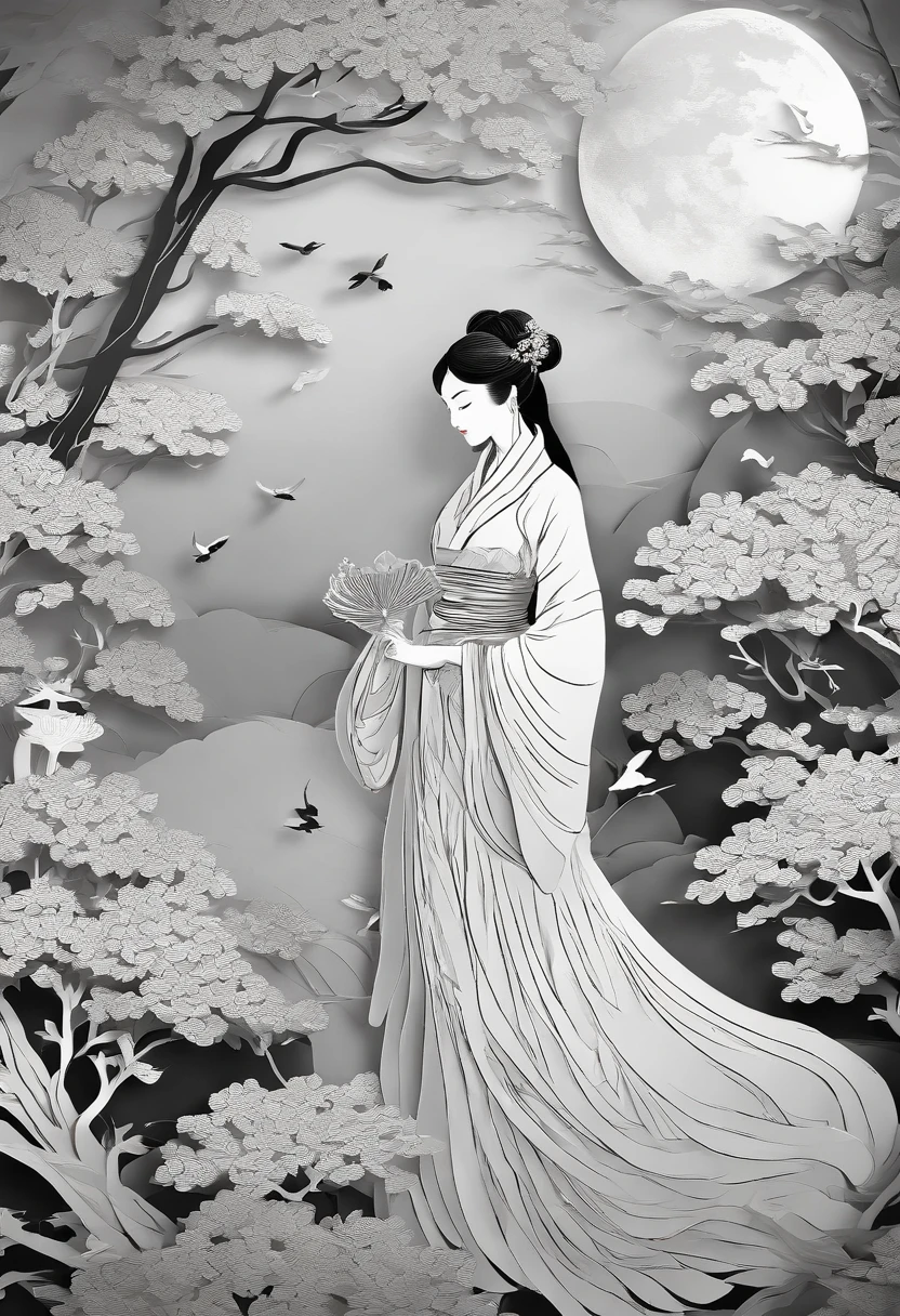 masterpiece, A Chiense woman in a hanfu, beautiful render of a fairytale, in the style of paper art, painting of beautiful, beautiful as the moon, very intricate masterpiece, painted metal, beautiful intricate masterpiece, multiple layers, Mysterious, Ancient China background, silver
