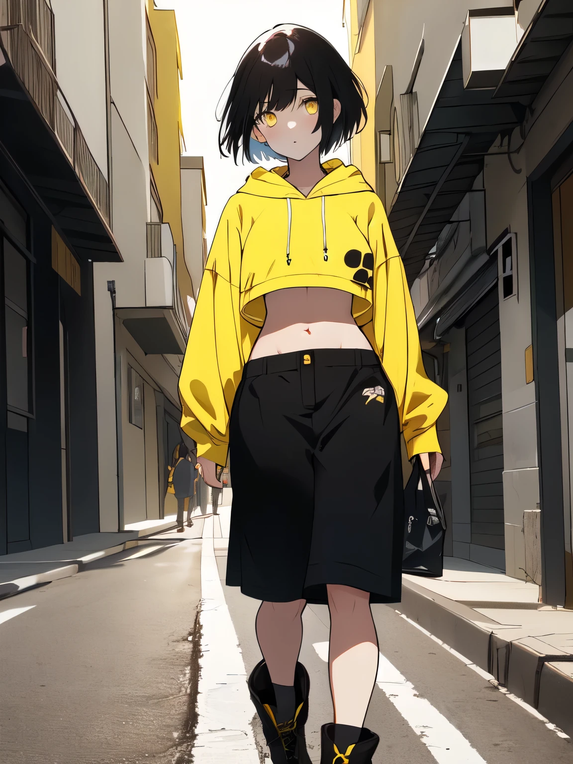 Top Quality, Top Resolution, Masterpiece, Super Detail, One Girl, Black Hair, Dark Yellow Eyes, Catlike Eyes, Light Healthy Skin, Short Hair, Wolf Cut, Highlighted Hair, Yellow Color in Random Spot in Hair, Black and Yellow (8:2
) hoodie, casual, bare belly button, white innerwear, short black boots, bottom showing, on the street, meeting